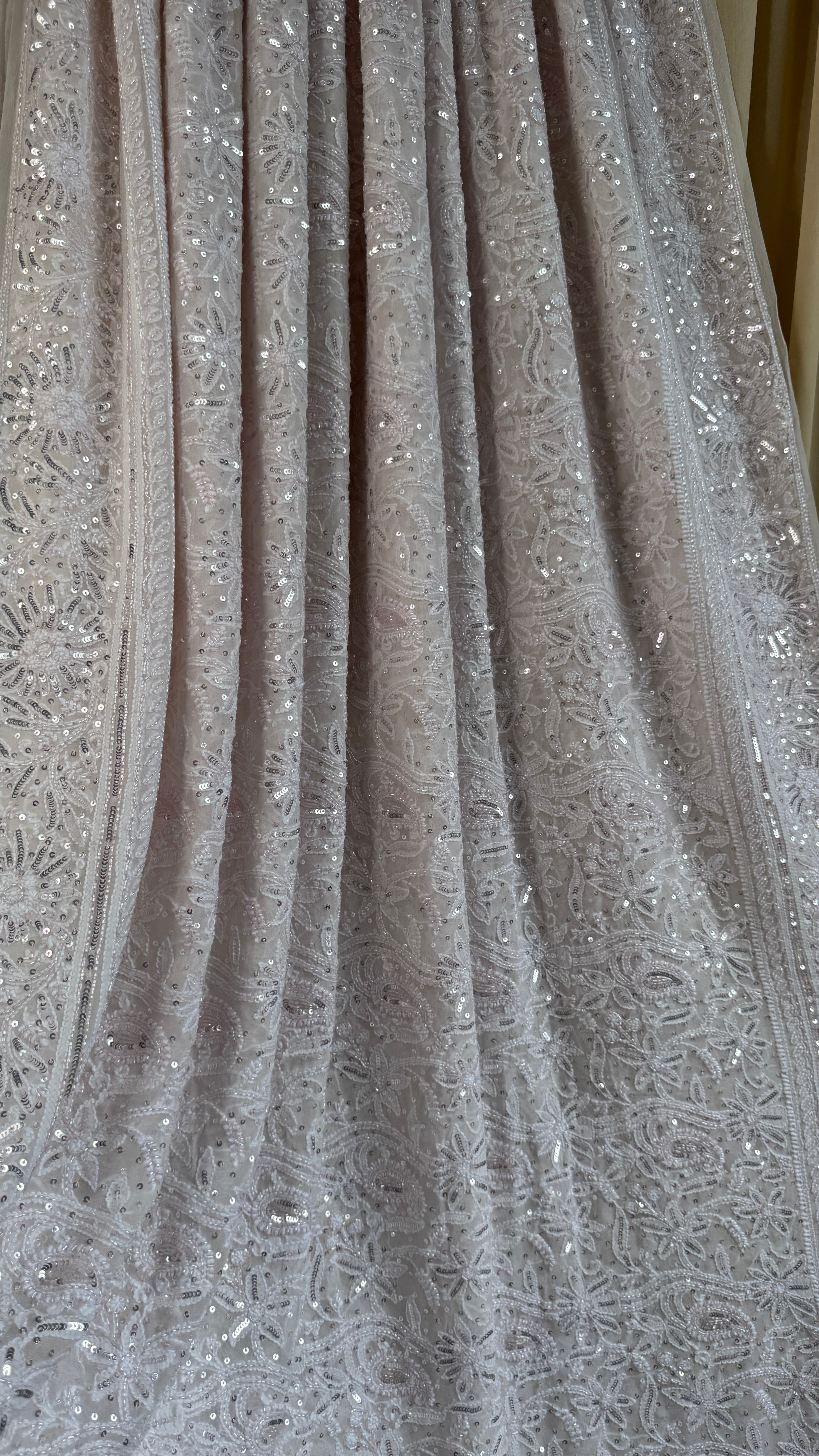 Pure Georgette Lucknow Chikankari Saree - white with pink detailing - Rooh Collection