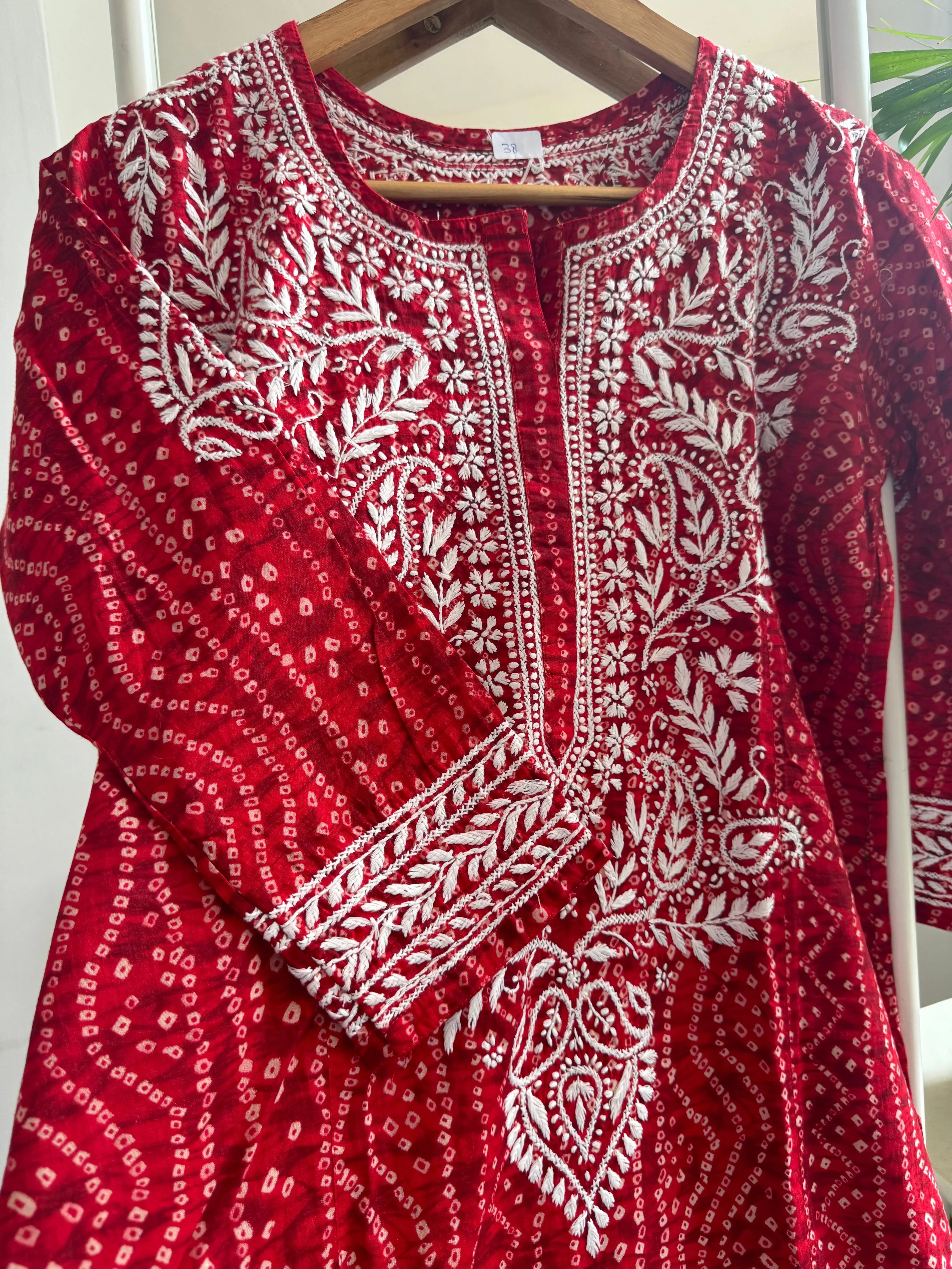 Cotton Printed Chikankari Kurti - Red ARIAA CHIKANKARI 