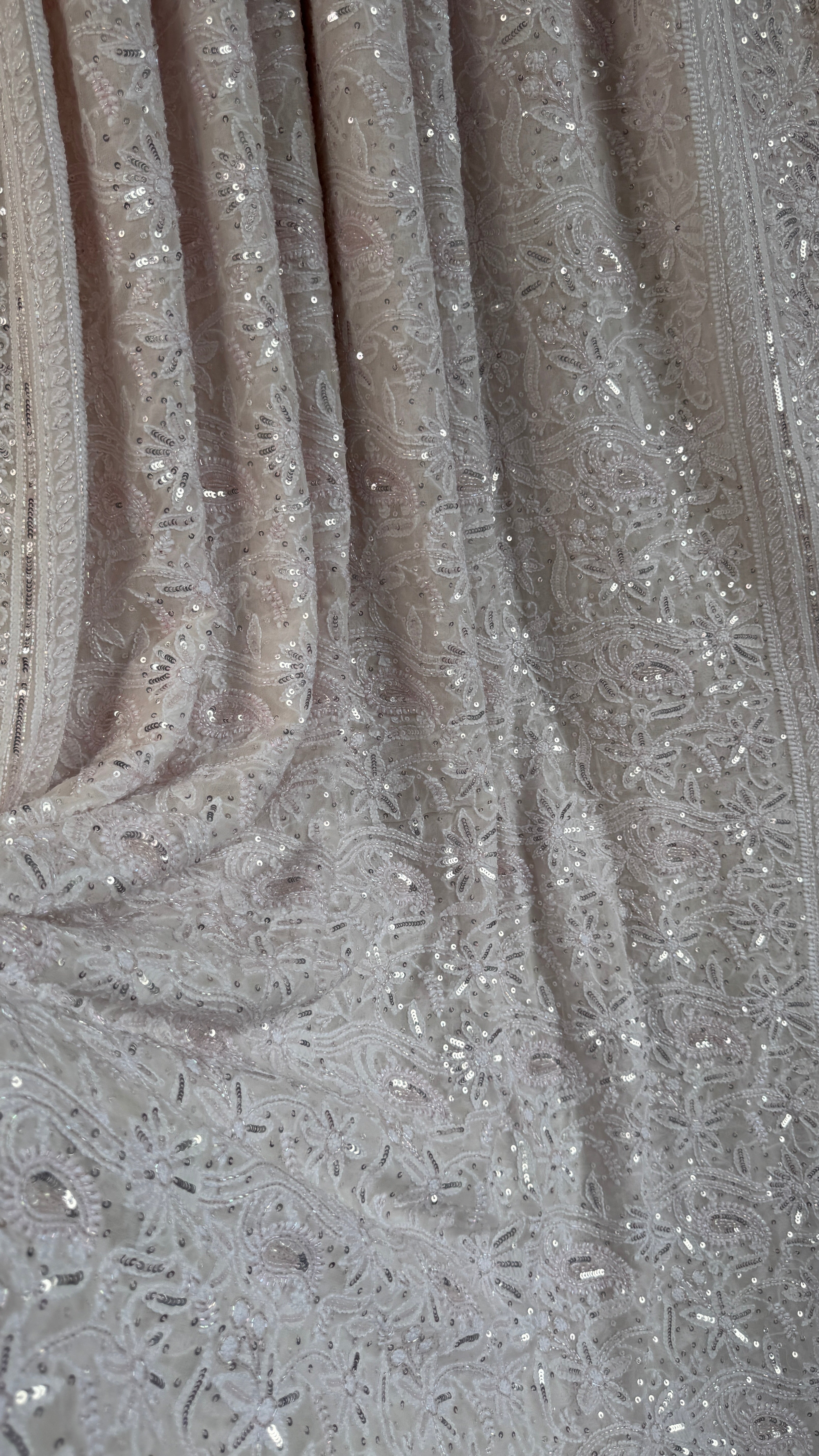 Pure Georgette Lucknow Chikankari Saree - white with pink detailing - Rooh Collection