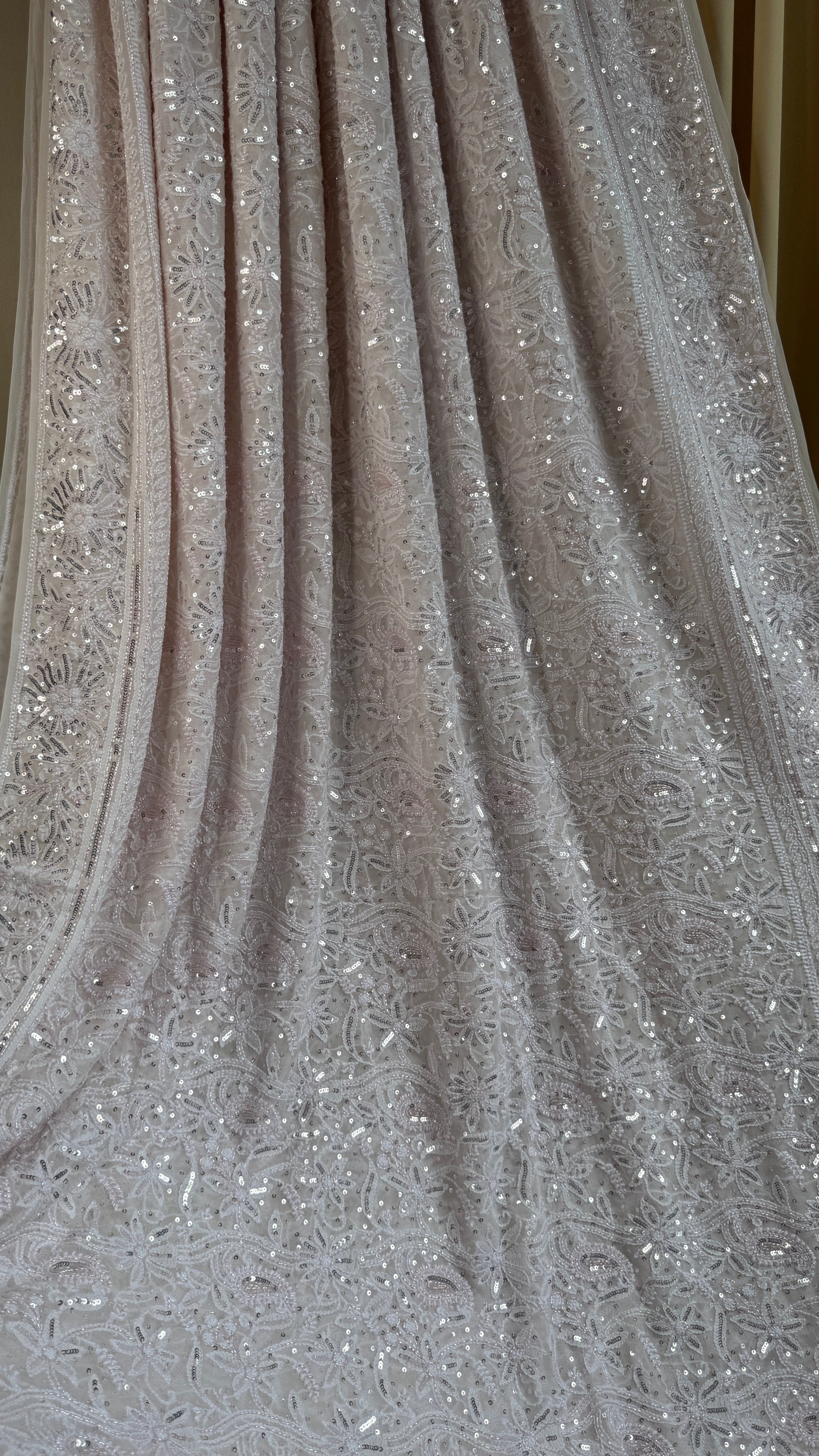 Pure Georgette Lucknow Chikankari Saree - white with pink detailing - Rooh Collection