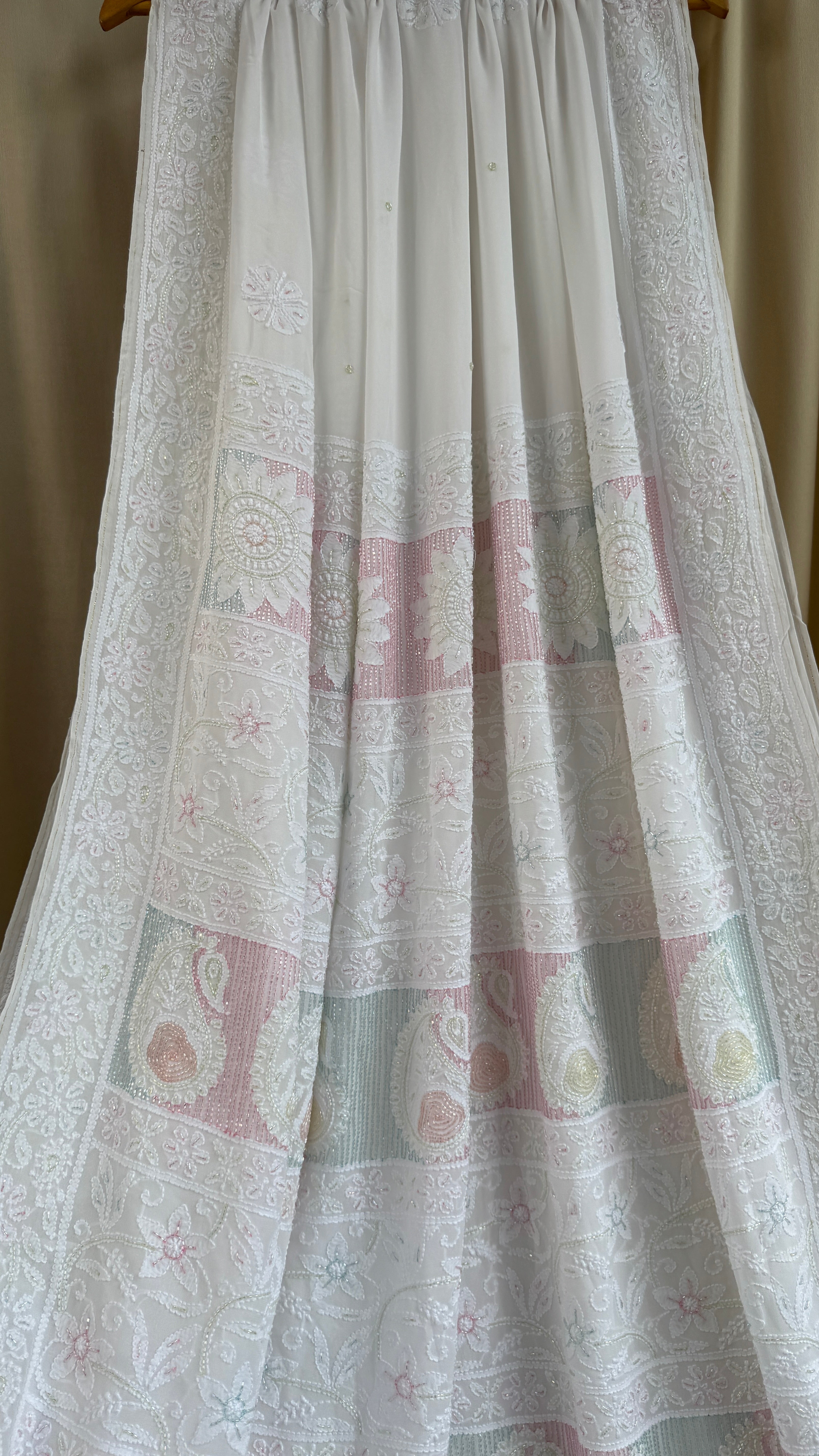 Viscose White Chikankari saree with Pearl embellishments