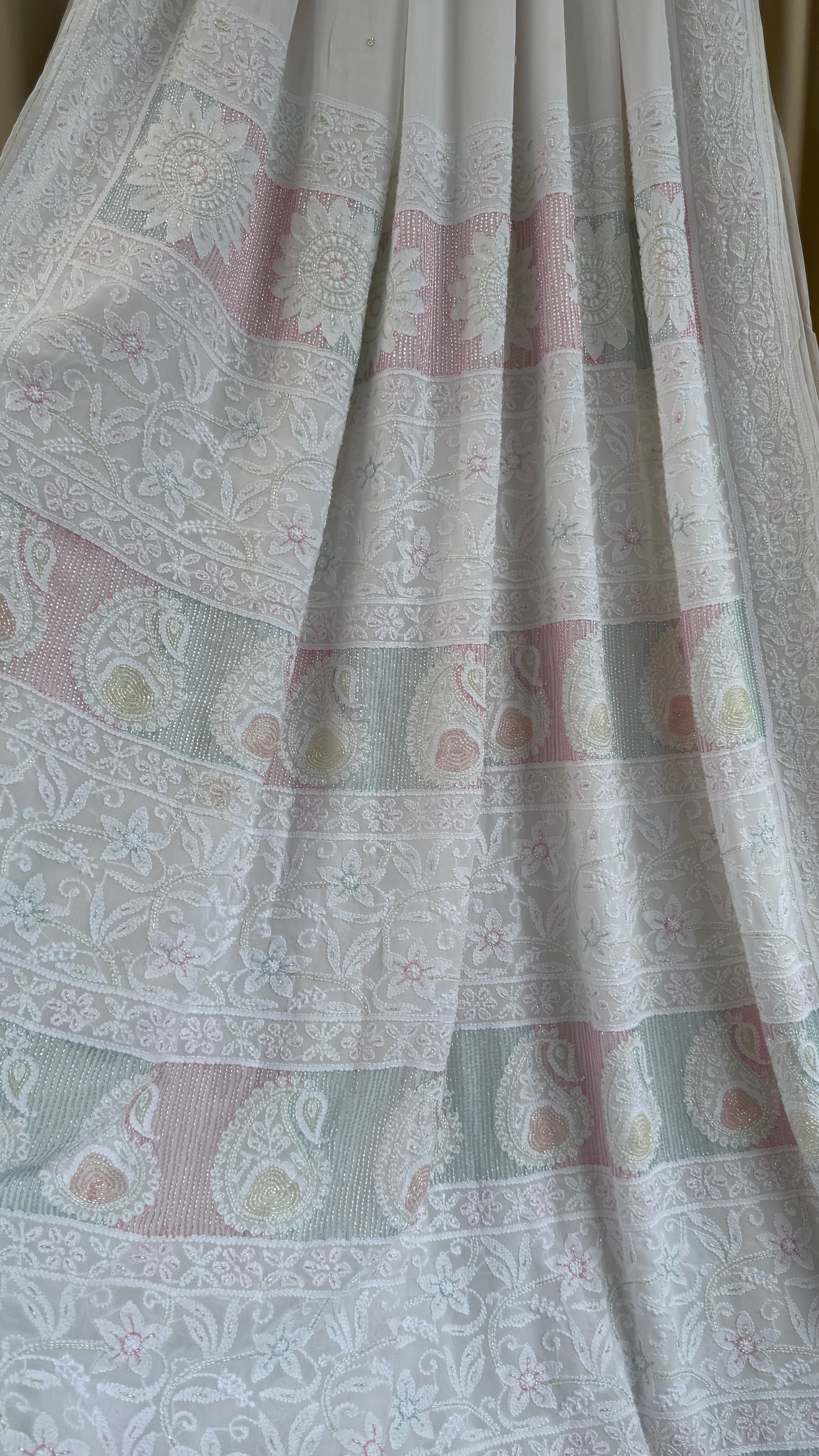 Viscose White Chikankari saree with Pearl embellishments
