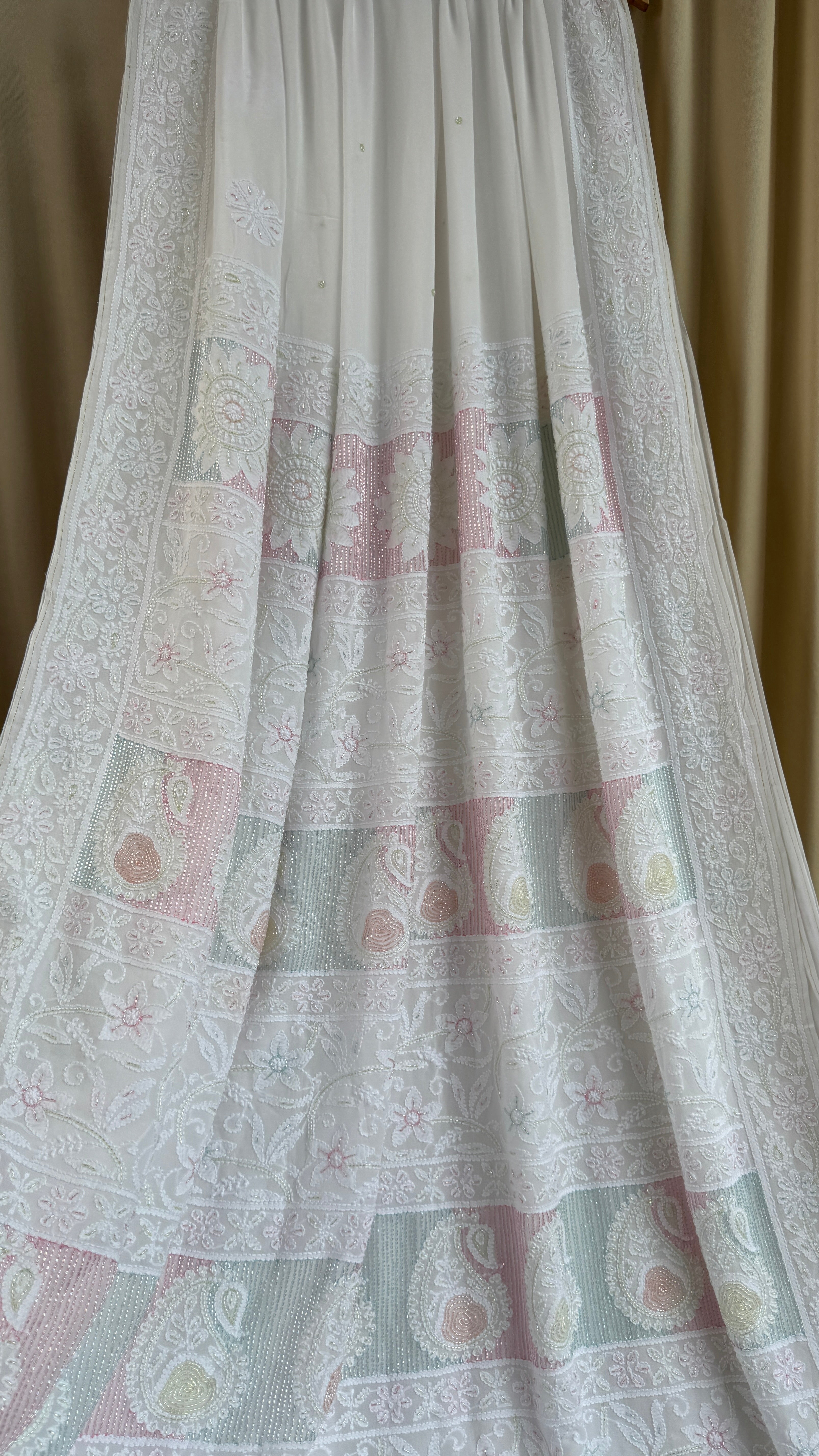 Viscose White Chikankari saree with Pearl embellishments