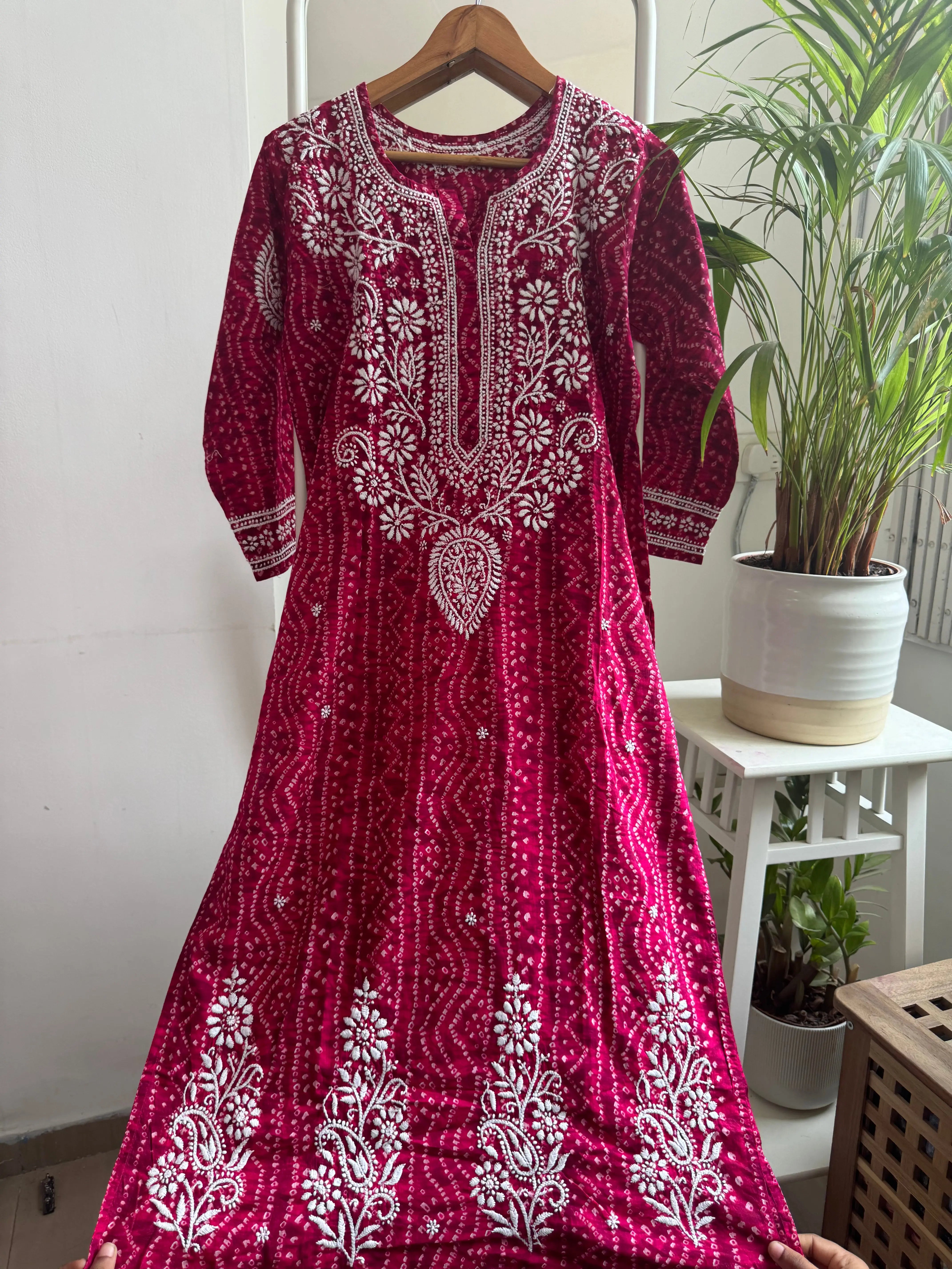 Cotton Printed Chikankari Kurti - Rani Pink ARIAA CHIKANKARI 