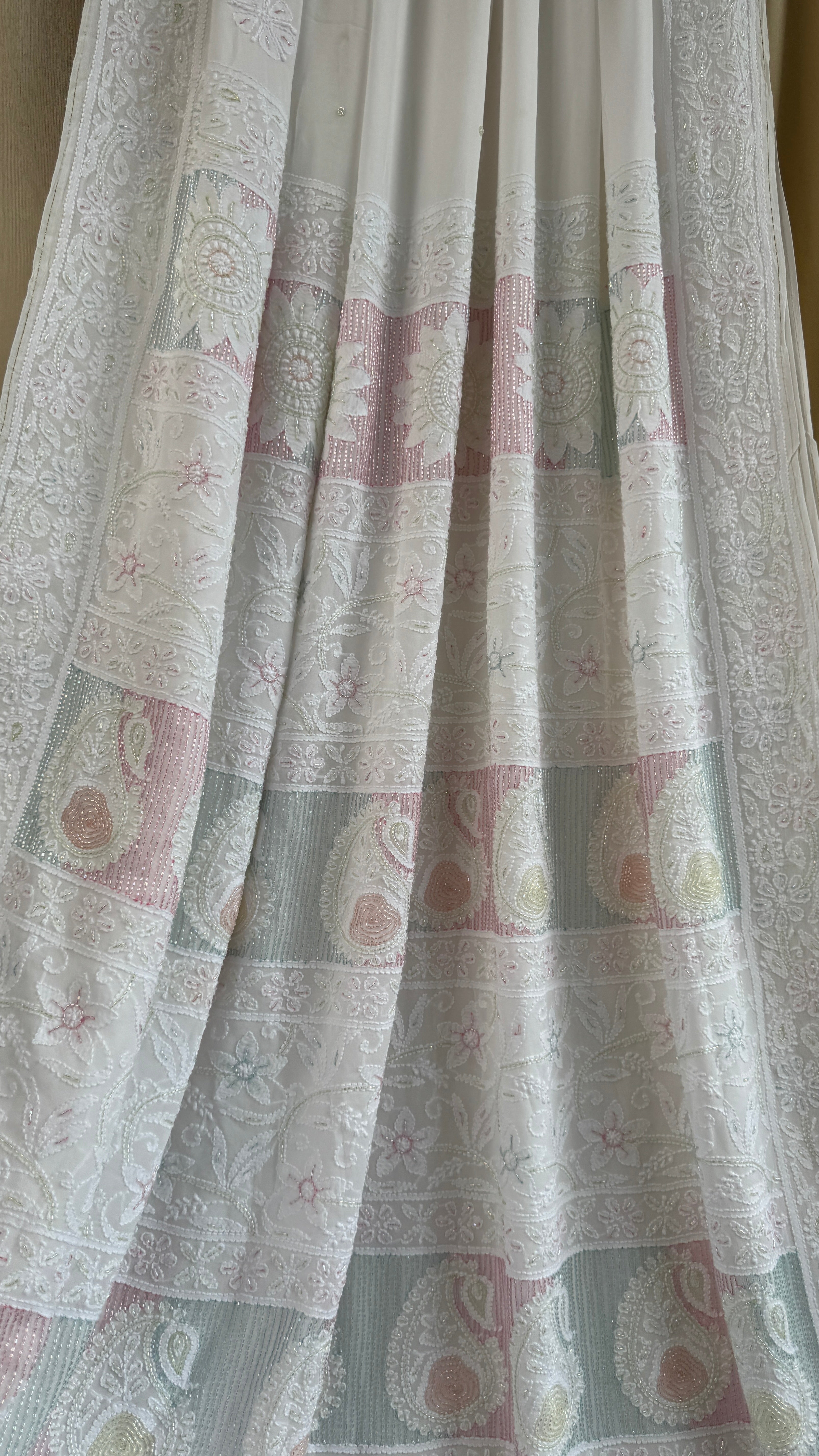 Viscose White Chikankari saree with Pearl embellishments