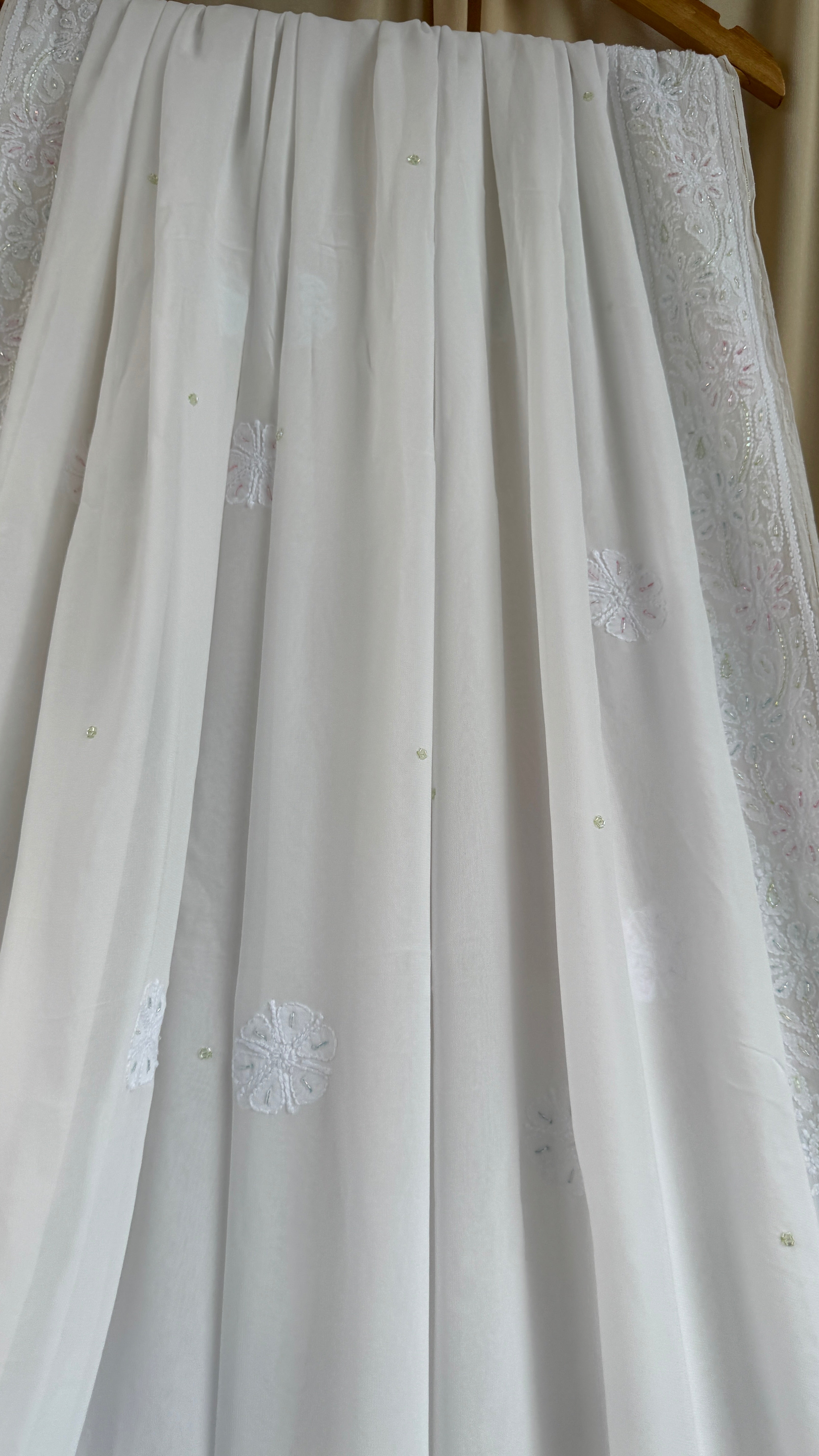 Viscose White Chikankari saree with Pearl embellishments