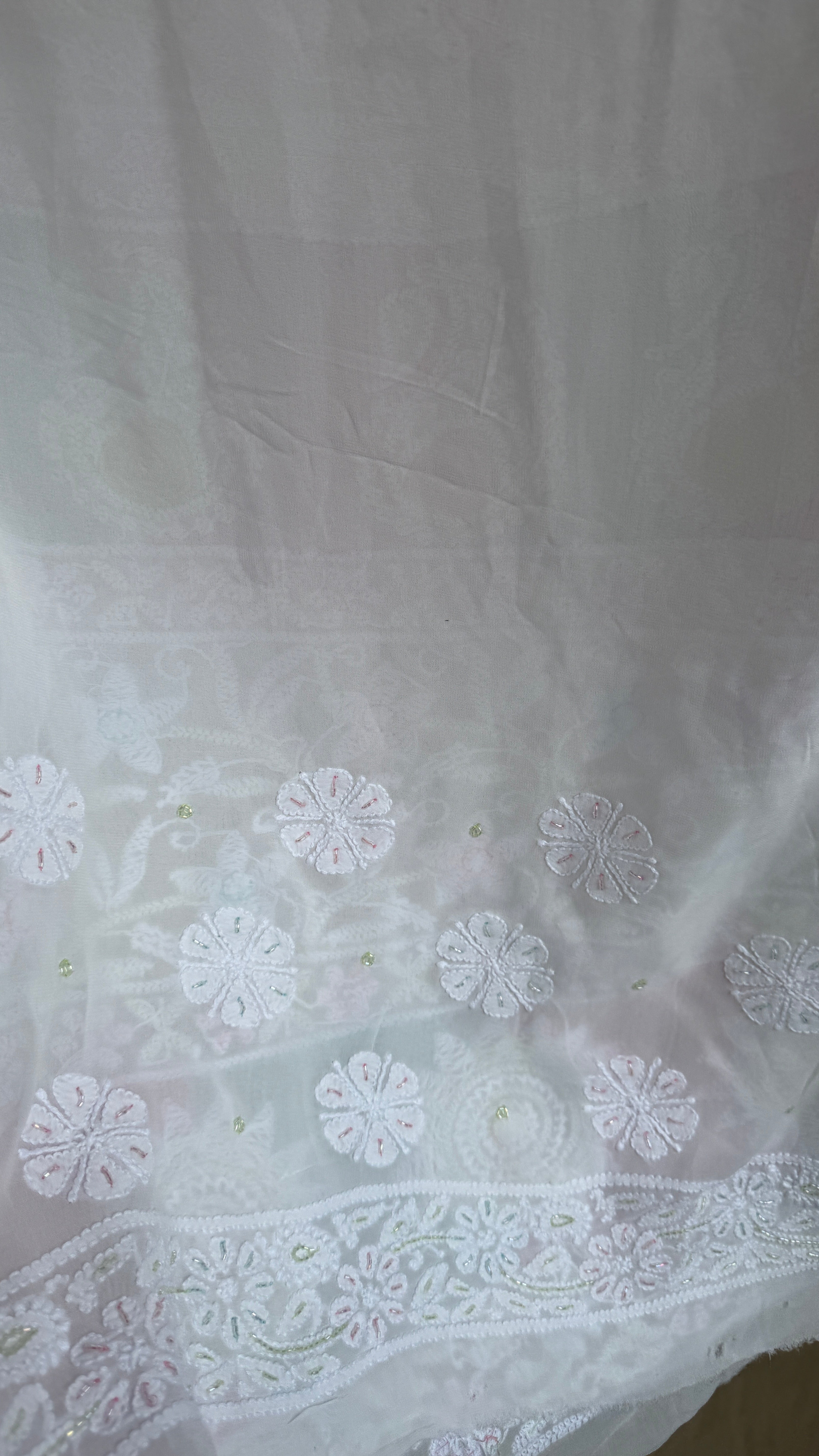 Viscose White Chikankari saree with Pearl embellishments