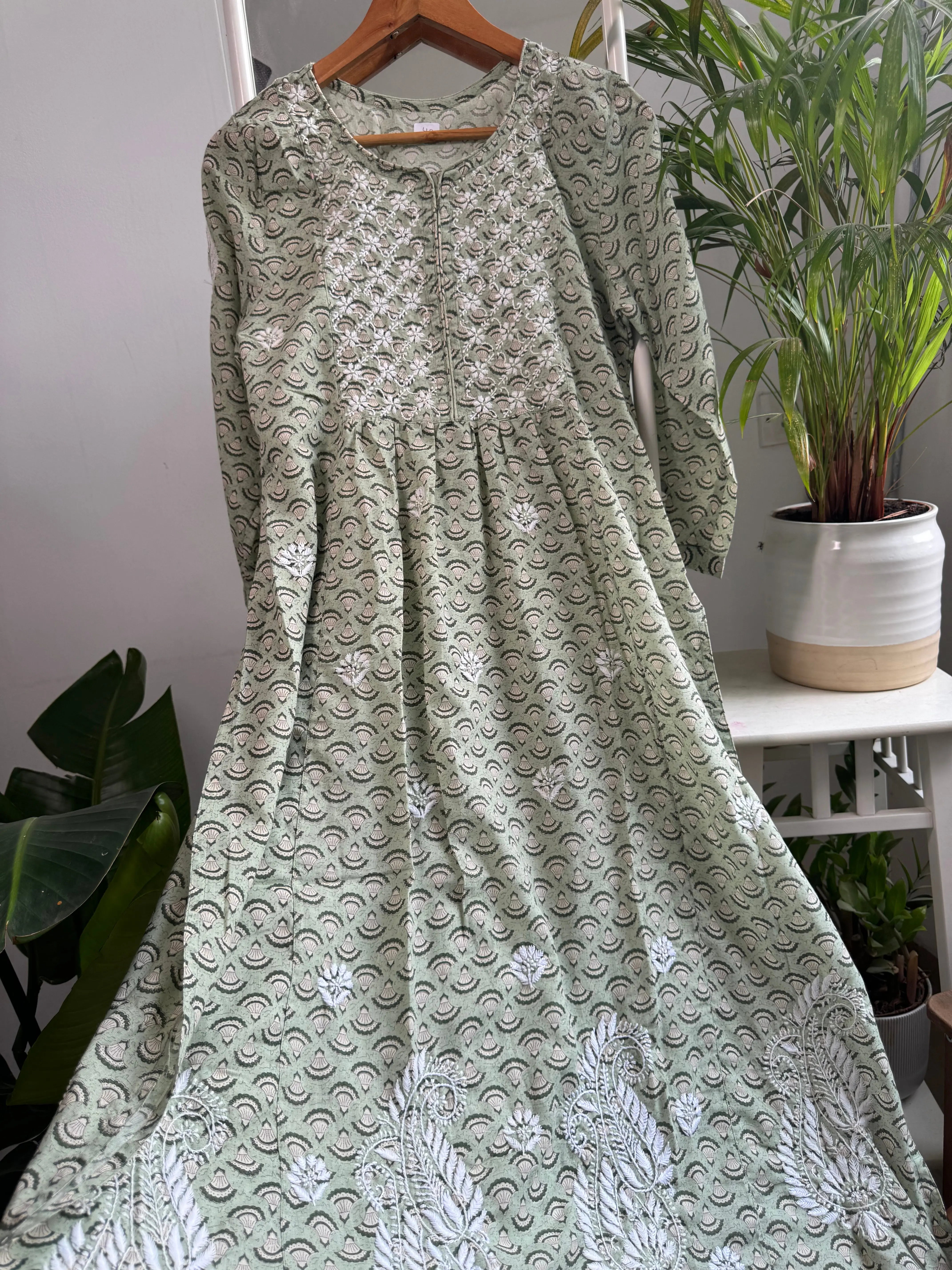 Cotton Printed Chikankari Set - Green ARIAA CHIKANKARI 