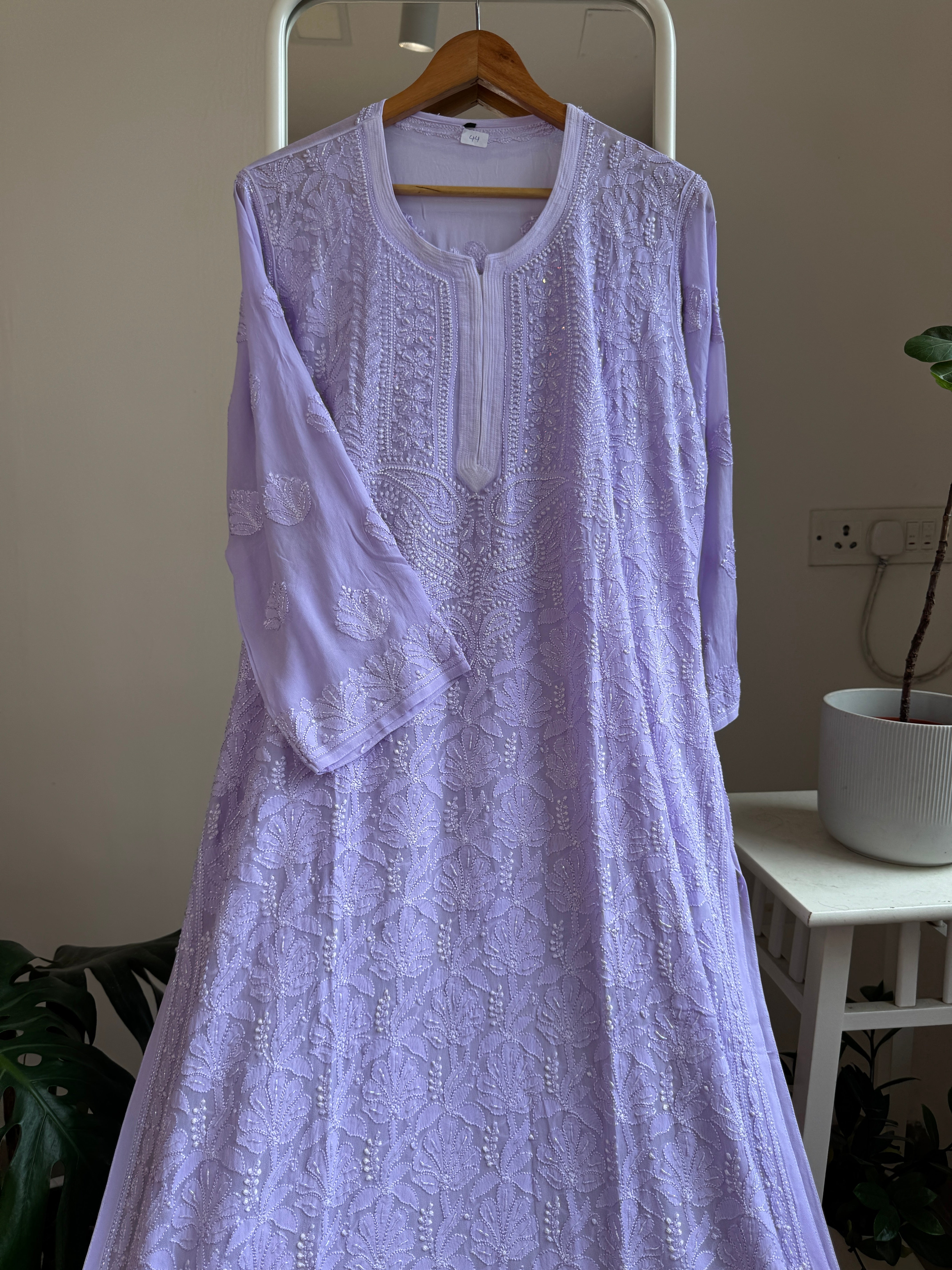Viscose Chikankari Kurti with Pearl  Work - Lilac
