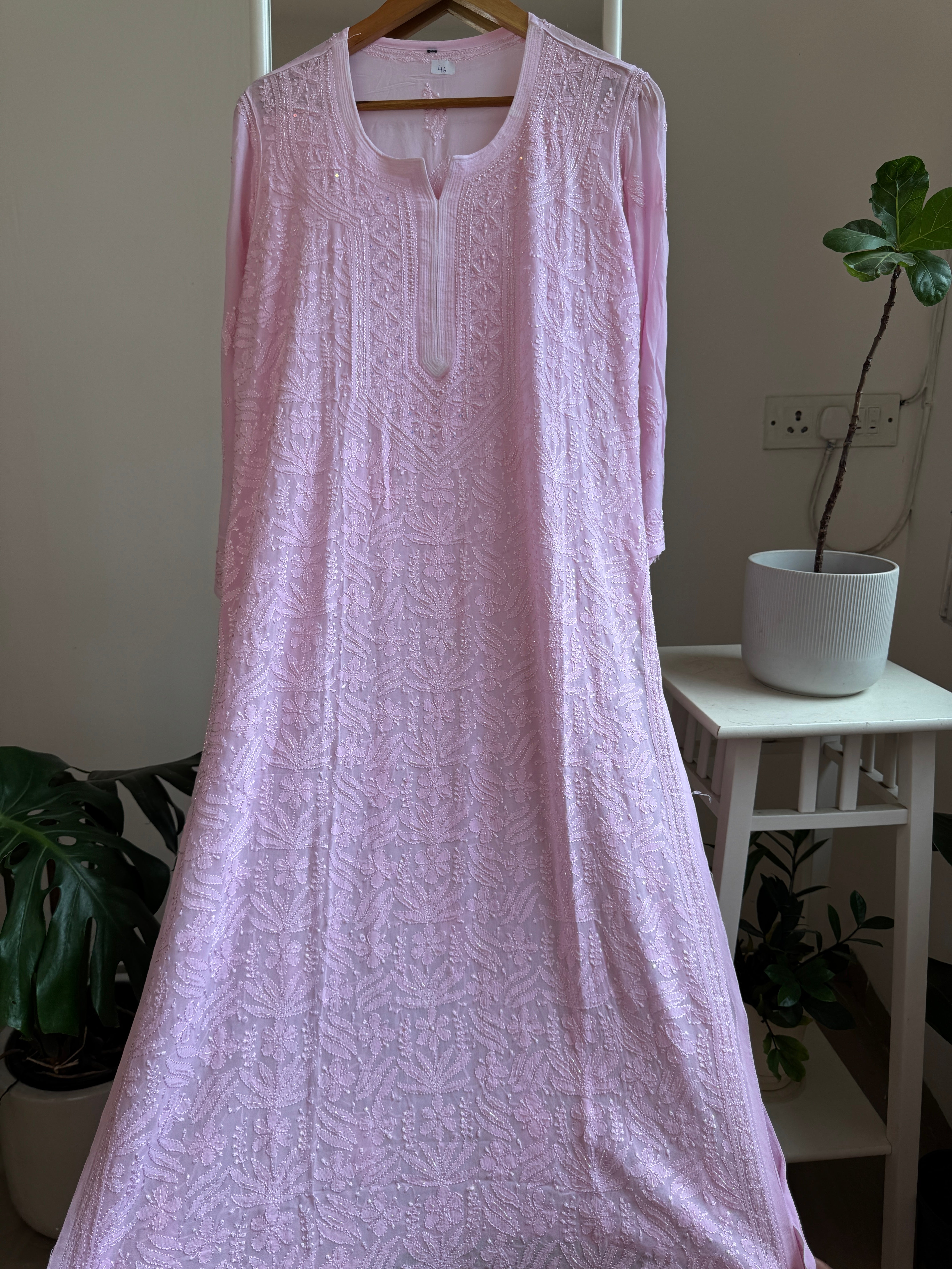 Viscose Chikankari Kurti with Pearl Add on Work - Pink