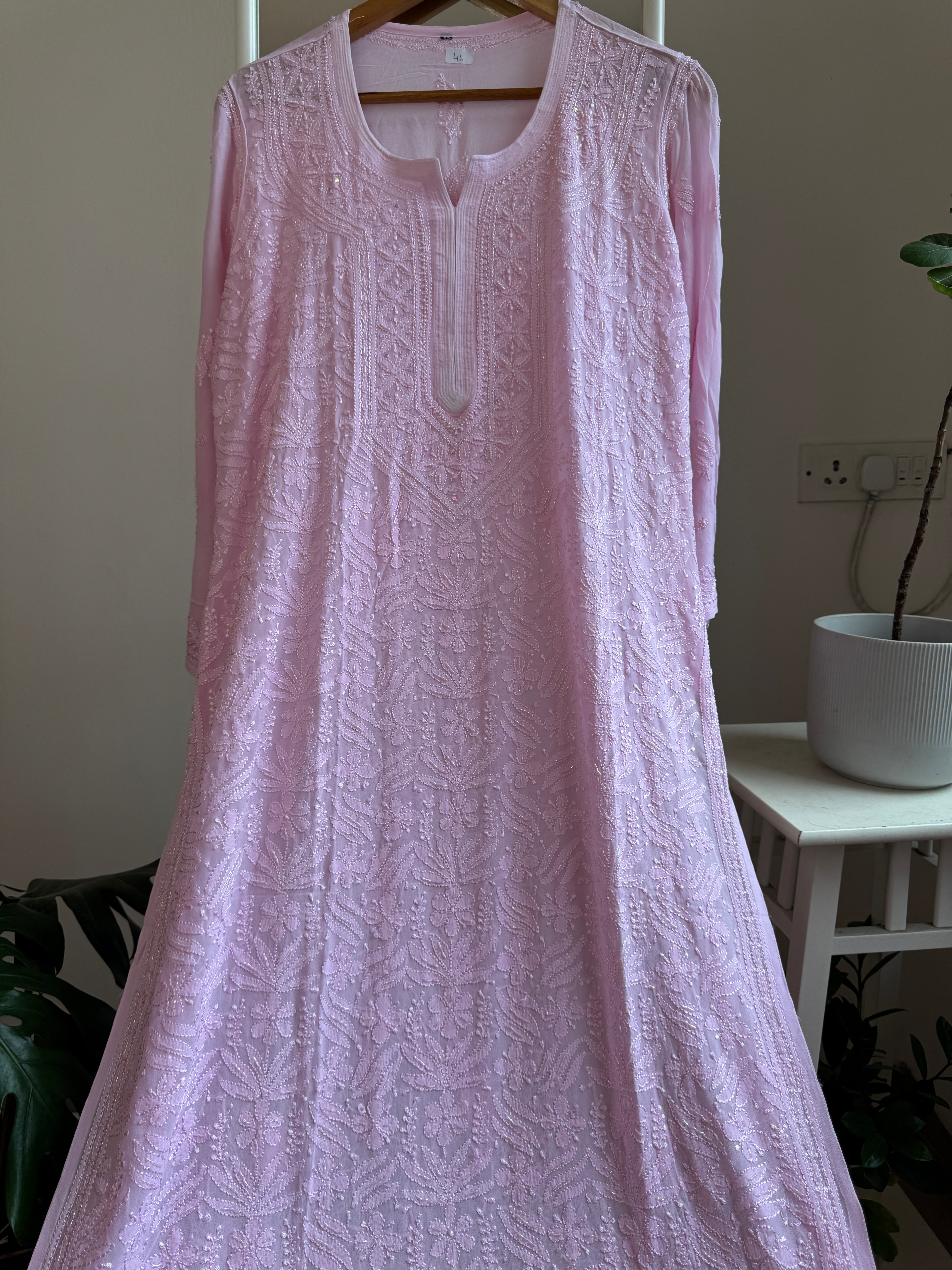 Viscose Chikankari Kurti with Pearl Add on Work - Pink