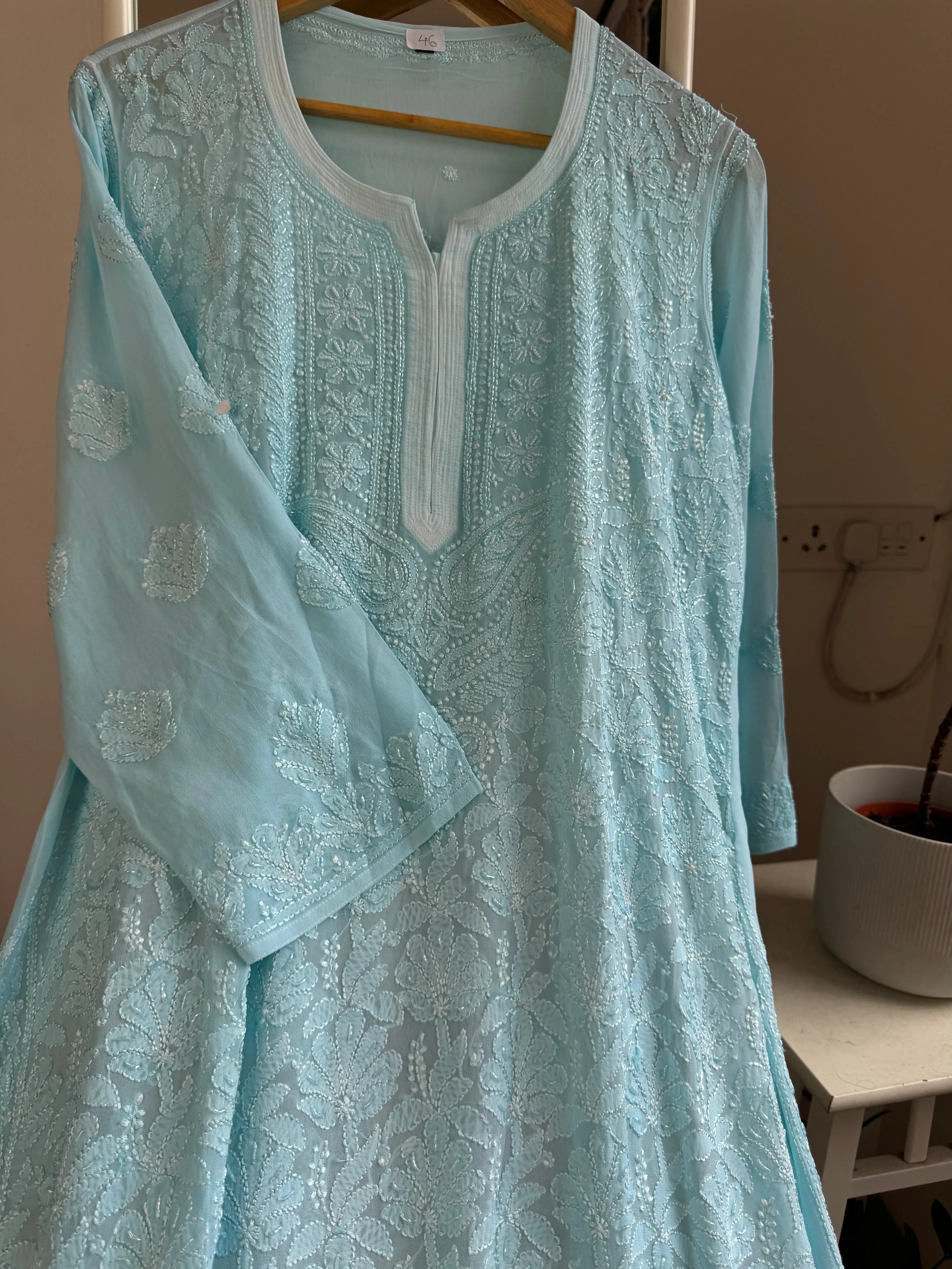 Viscose Chikankari Kurti with Pearl  Work - Firozi Blue ARIAA CHIKANKARI 