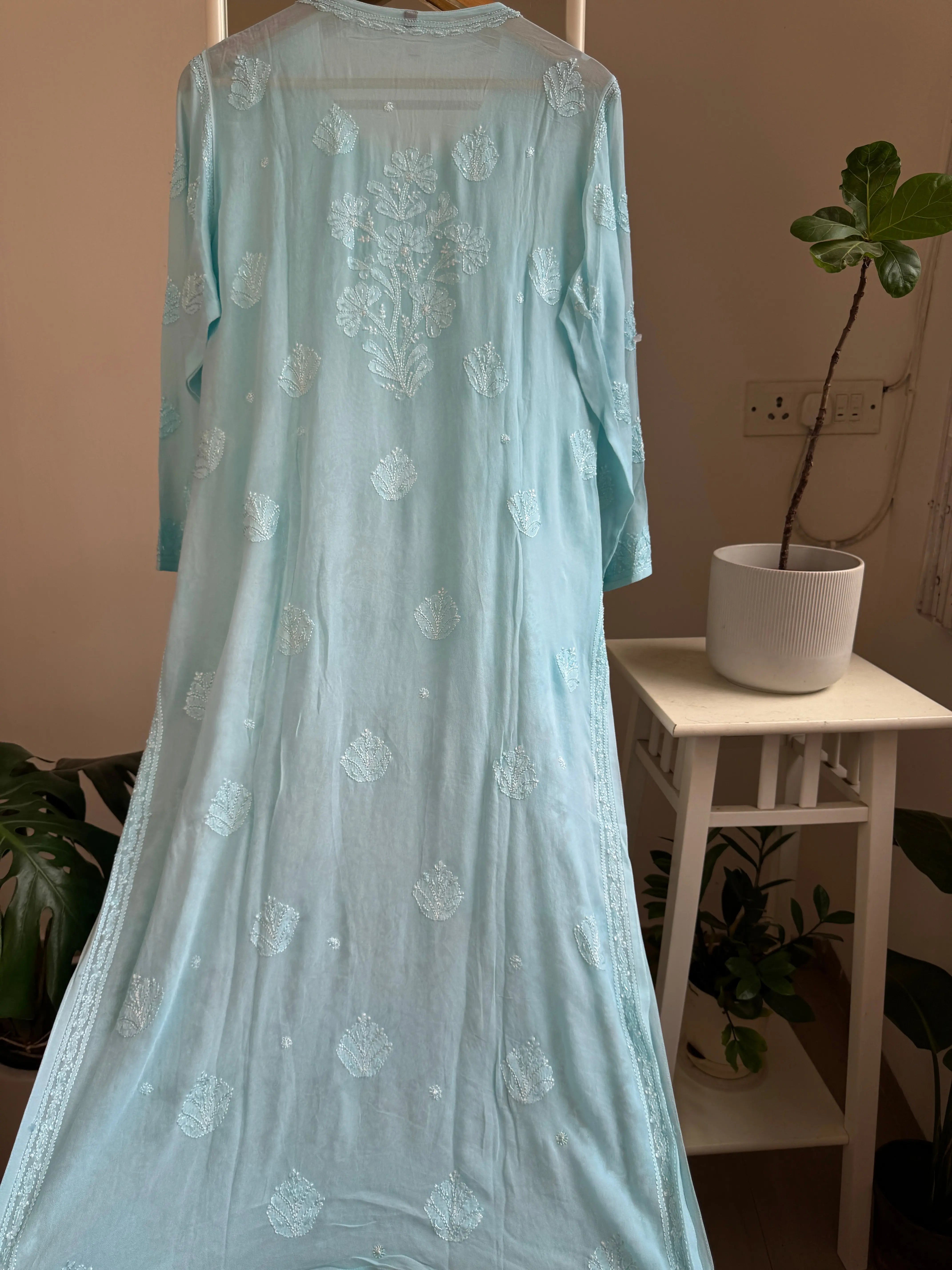Viscose Chikankari Kurti with Pearl  Work - Firozi Blue ARIAA CHIKANKARI 