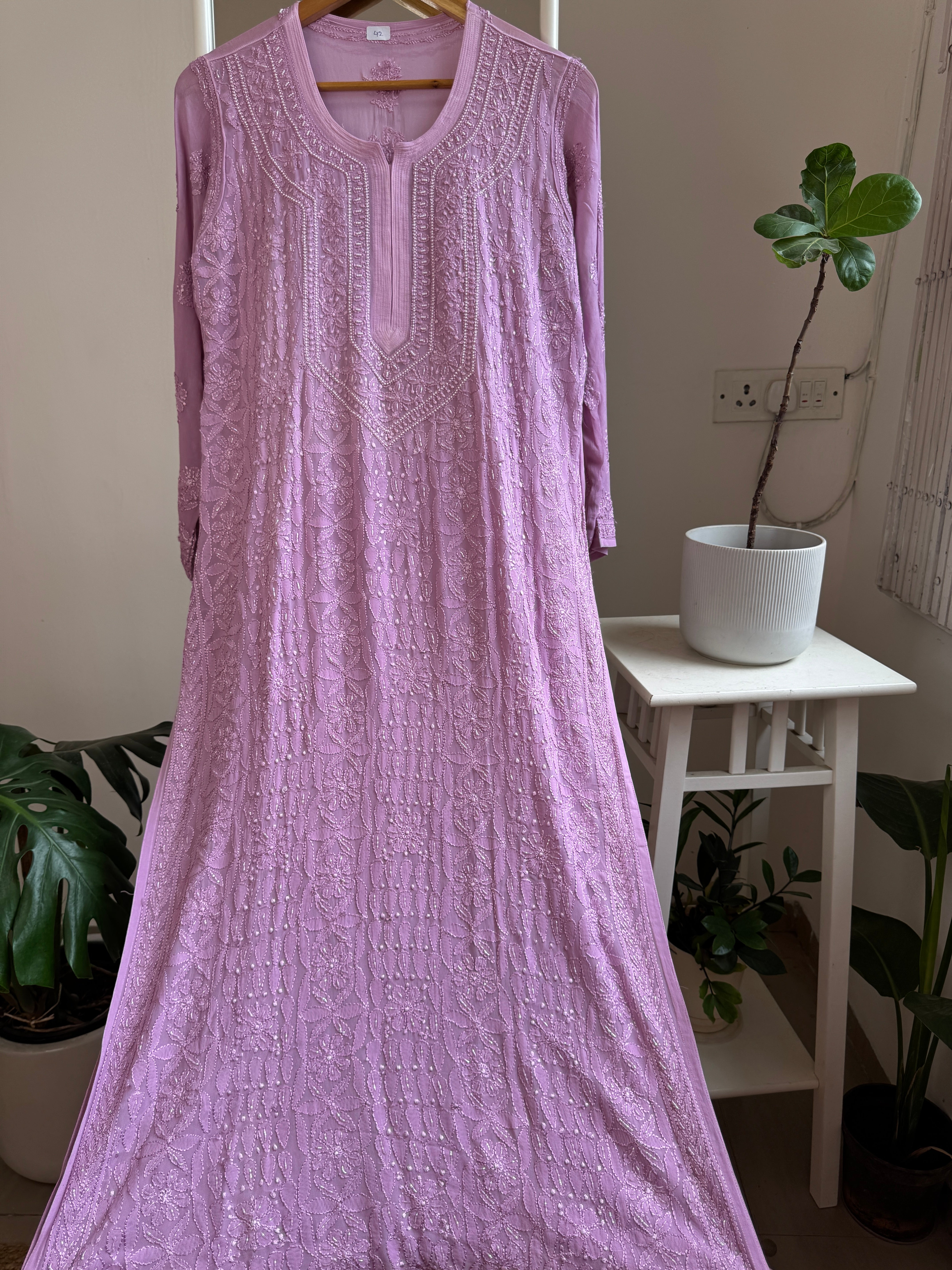 Viscose Chikankari Kurti with Pearl  Work - Lavander