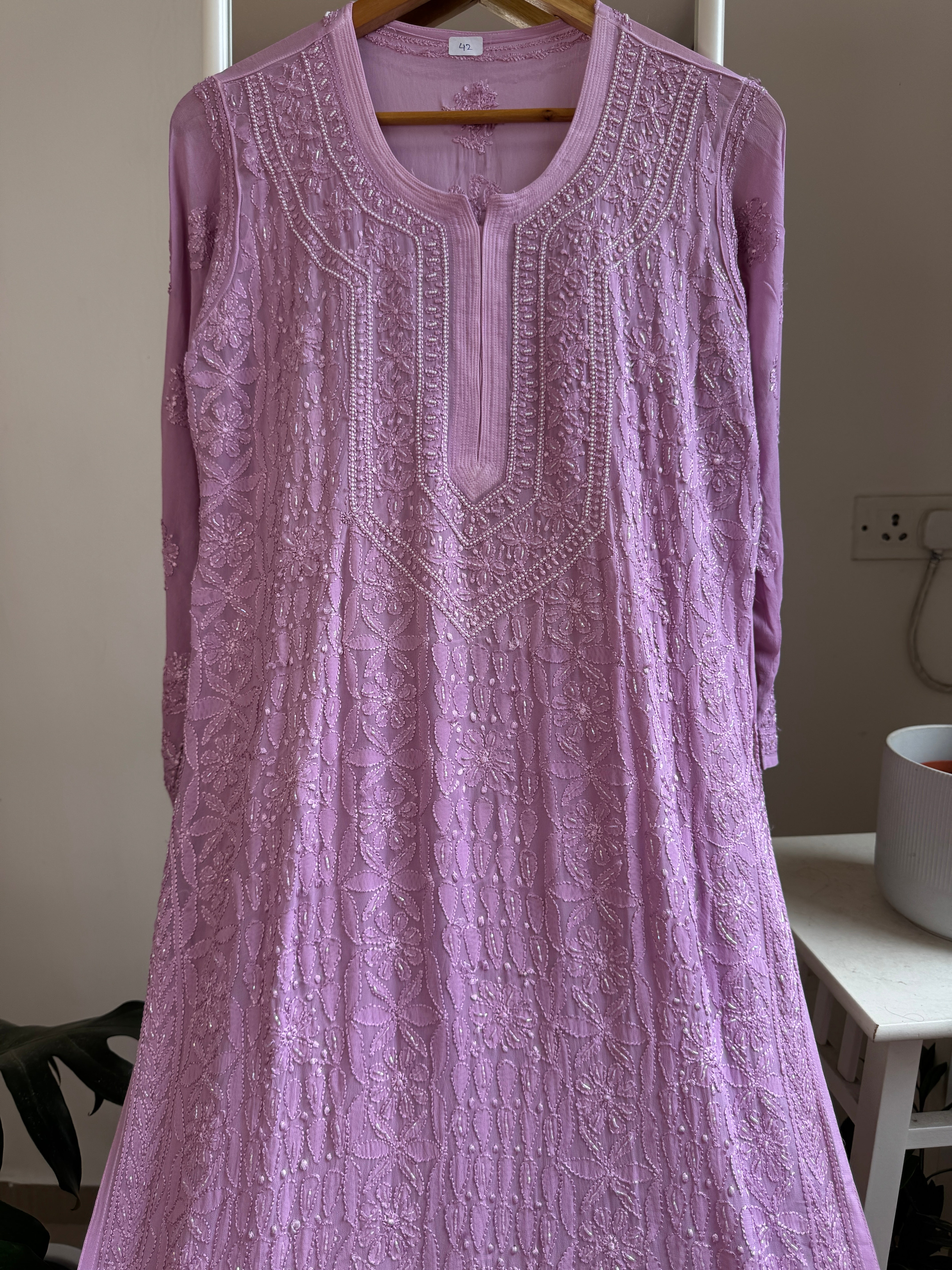 Viscose Chikankari Kurti with Pearl  Work - Lavander