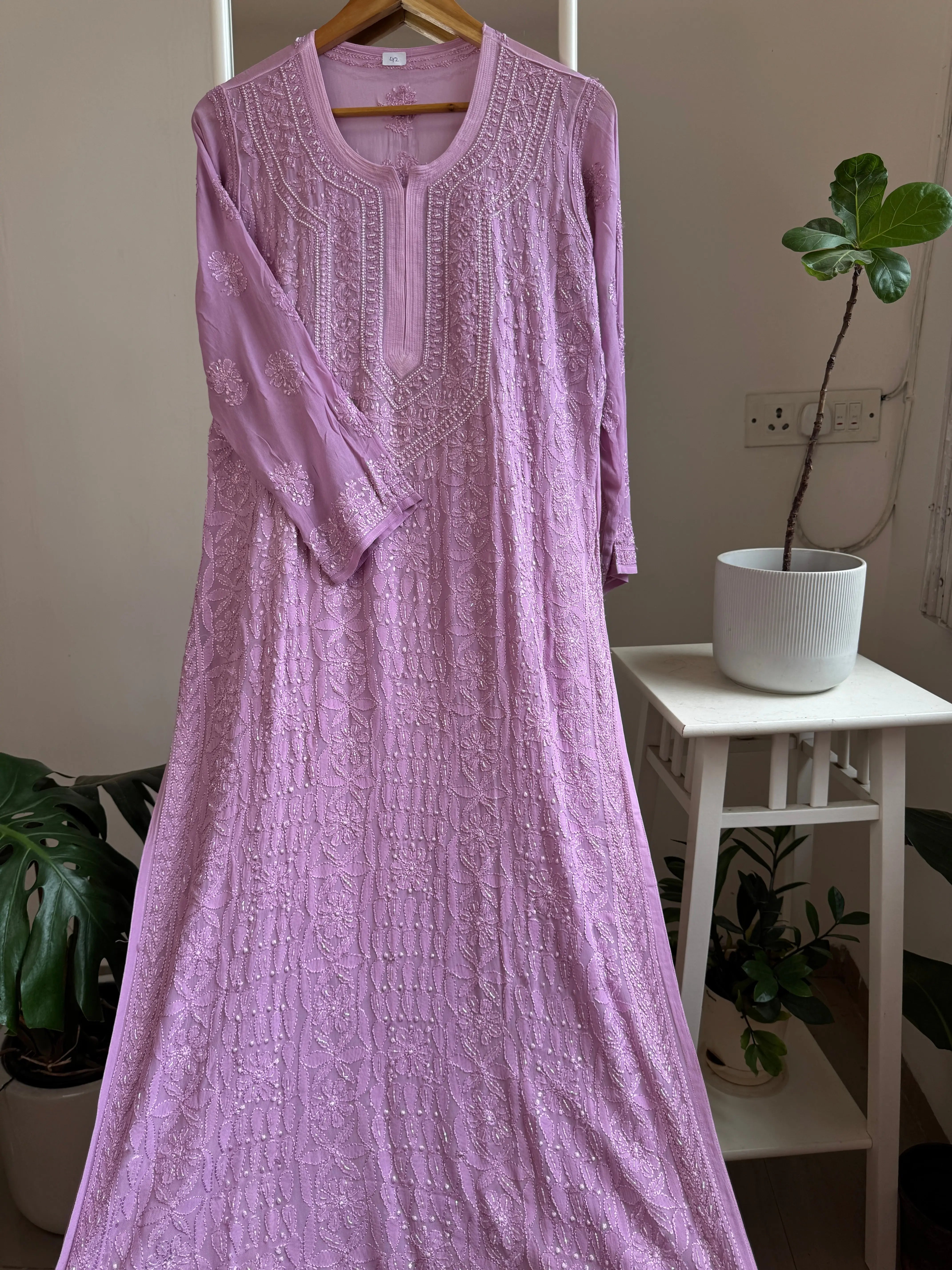Viscose Chikankari Kurti with Pearl  Work - Lavander ARIAA CHIKANKARI 
