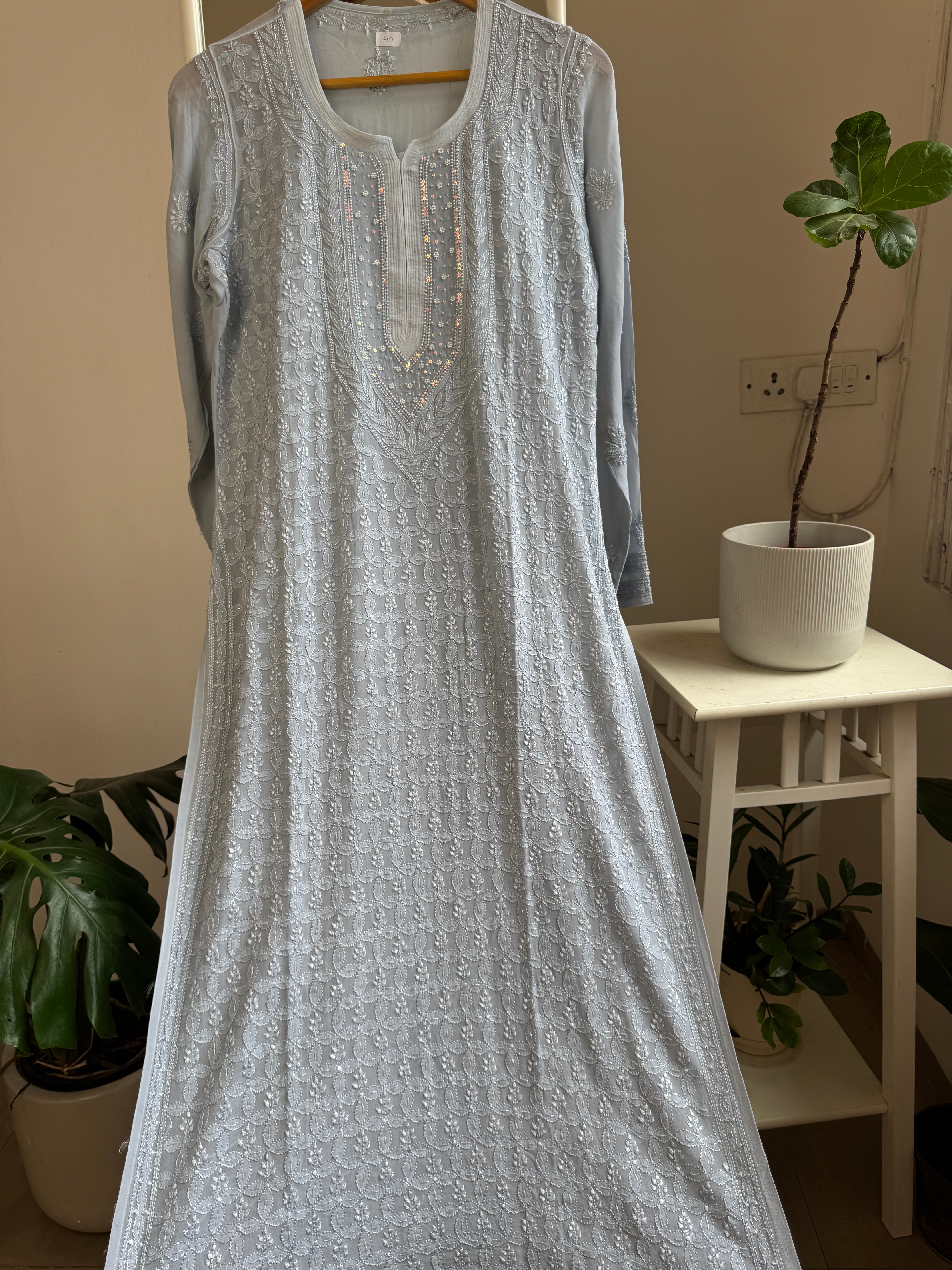 Viscose Kurti with Pearl  Work - Grey ARIAA CHIKANKARI 