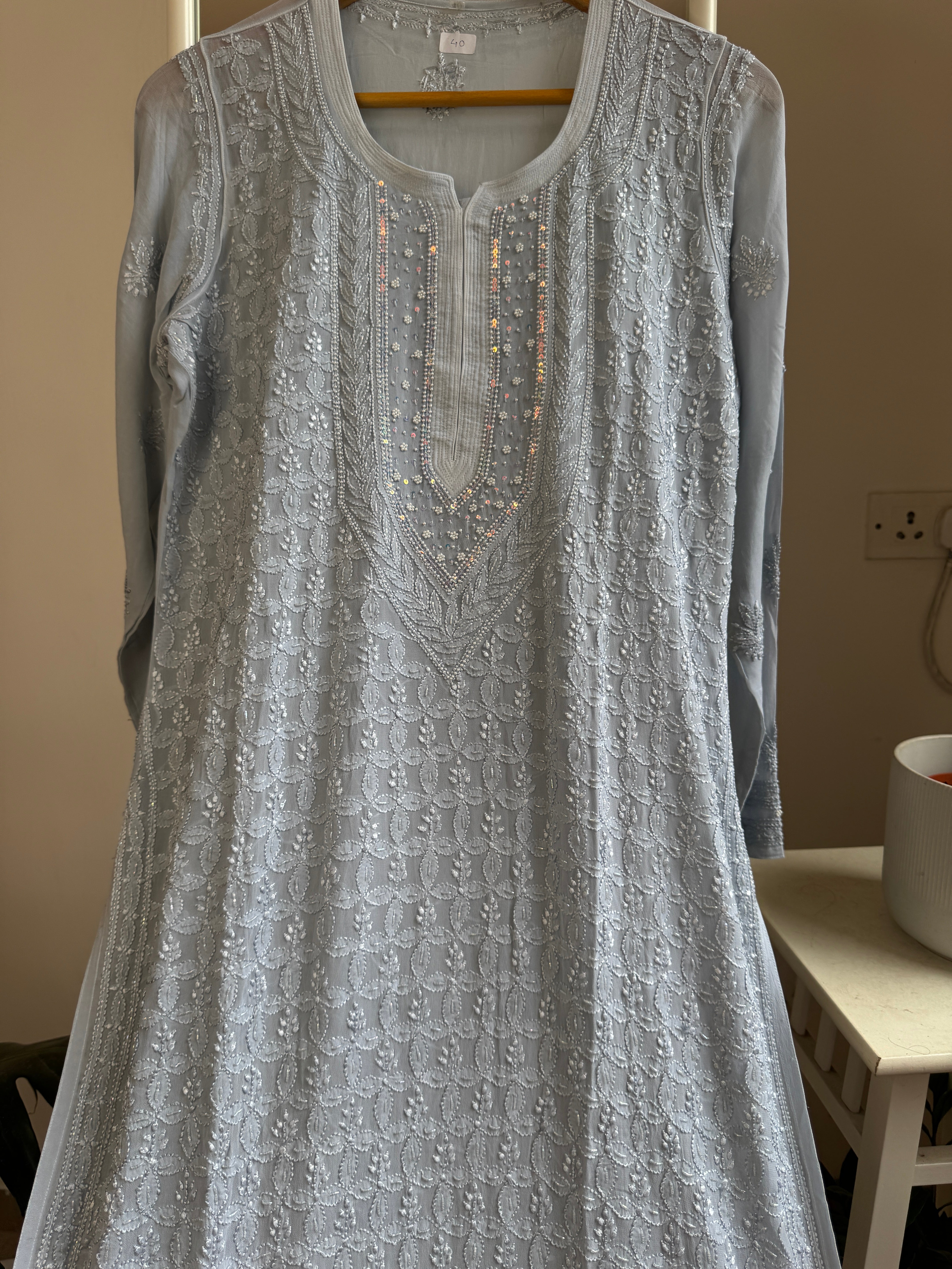 Viscose Kurti with Pearl  Work - Grey ARIAA CHIKANKARI 