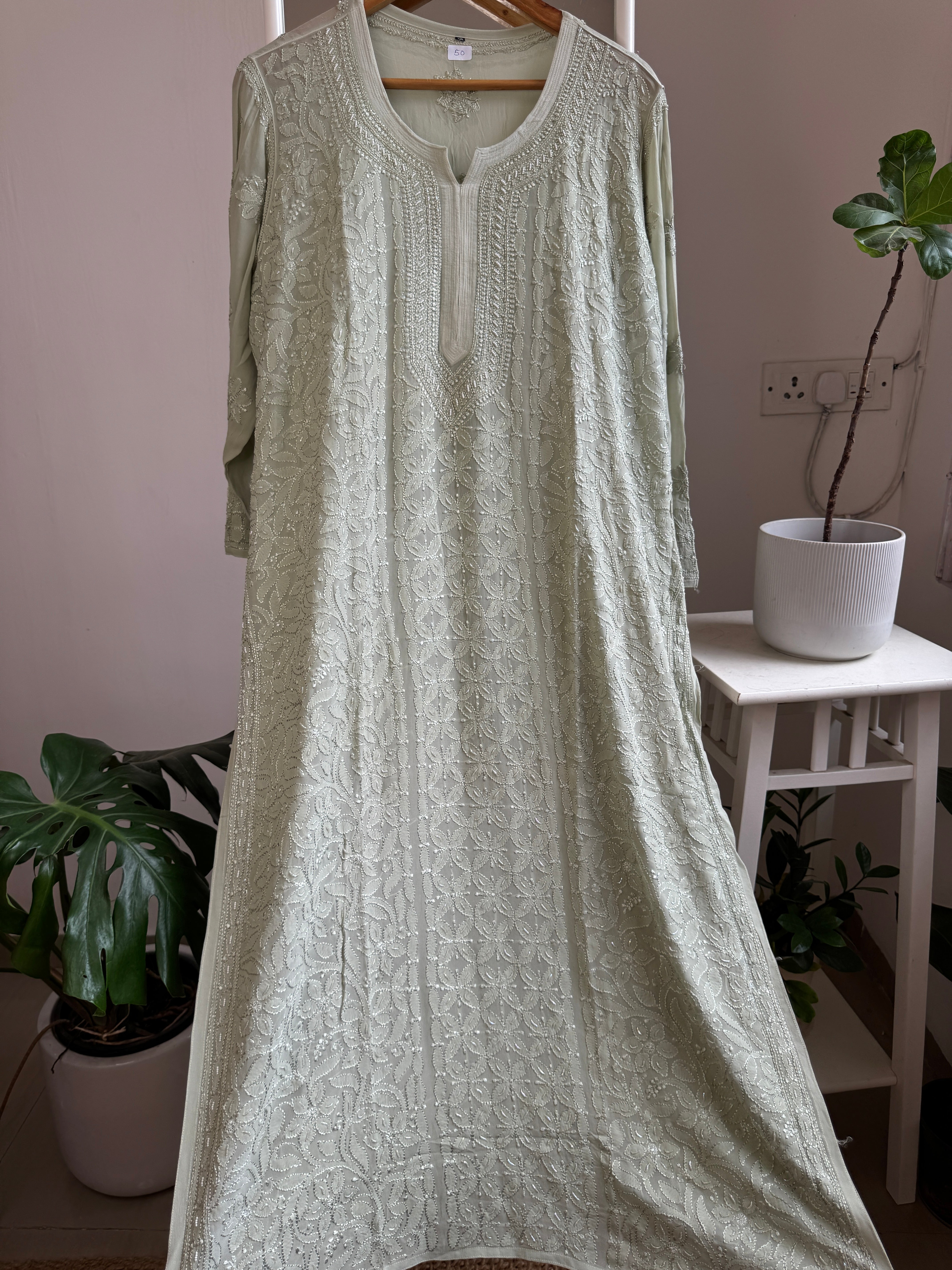 Viscose Kurti with Pearl  Work - Green ARIAA CHIKANKARI 