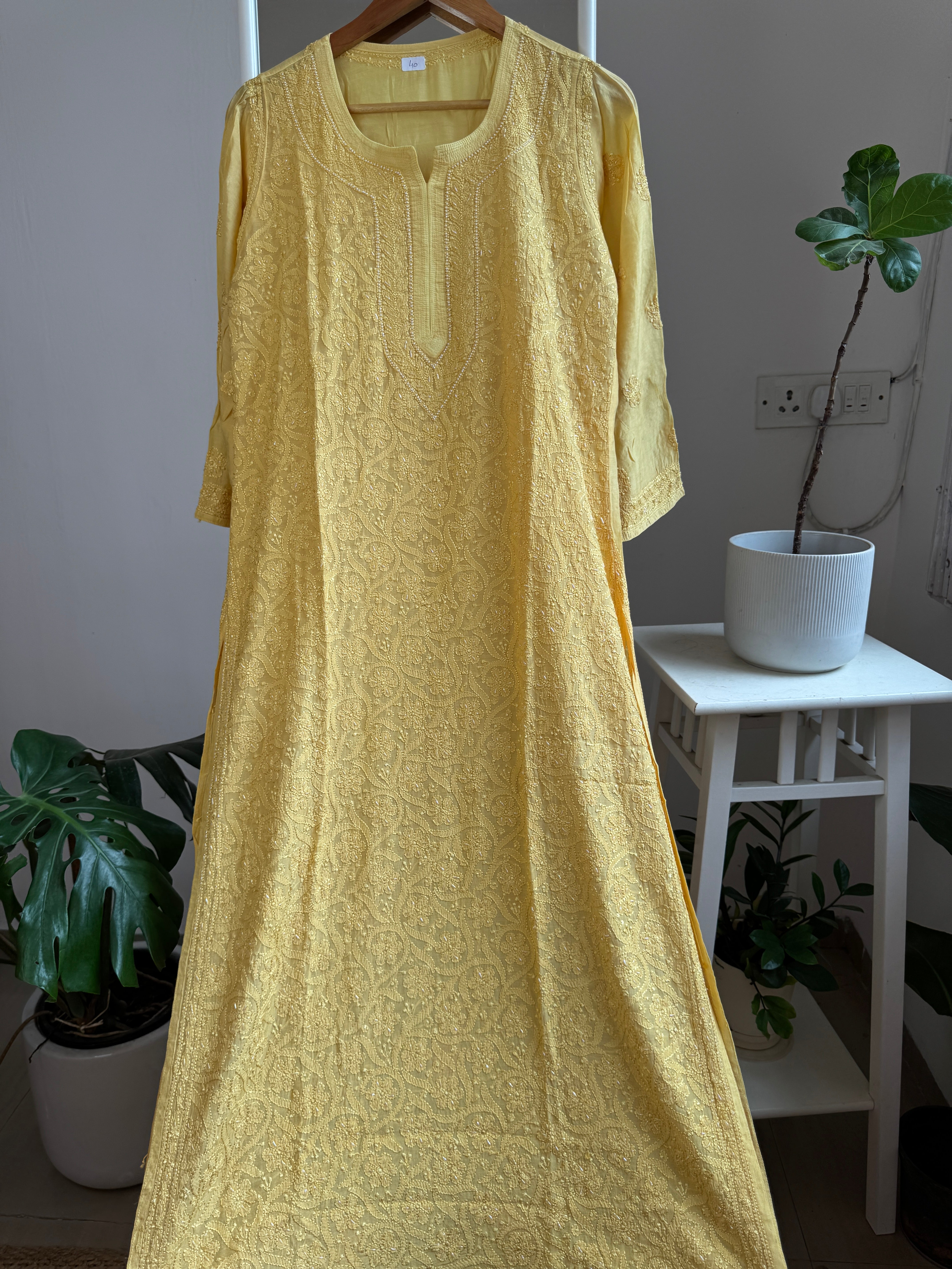 Muslin Chikankari Kurti with Pearl  Work - Yellow ARIAA CHIKANKARI 