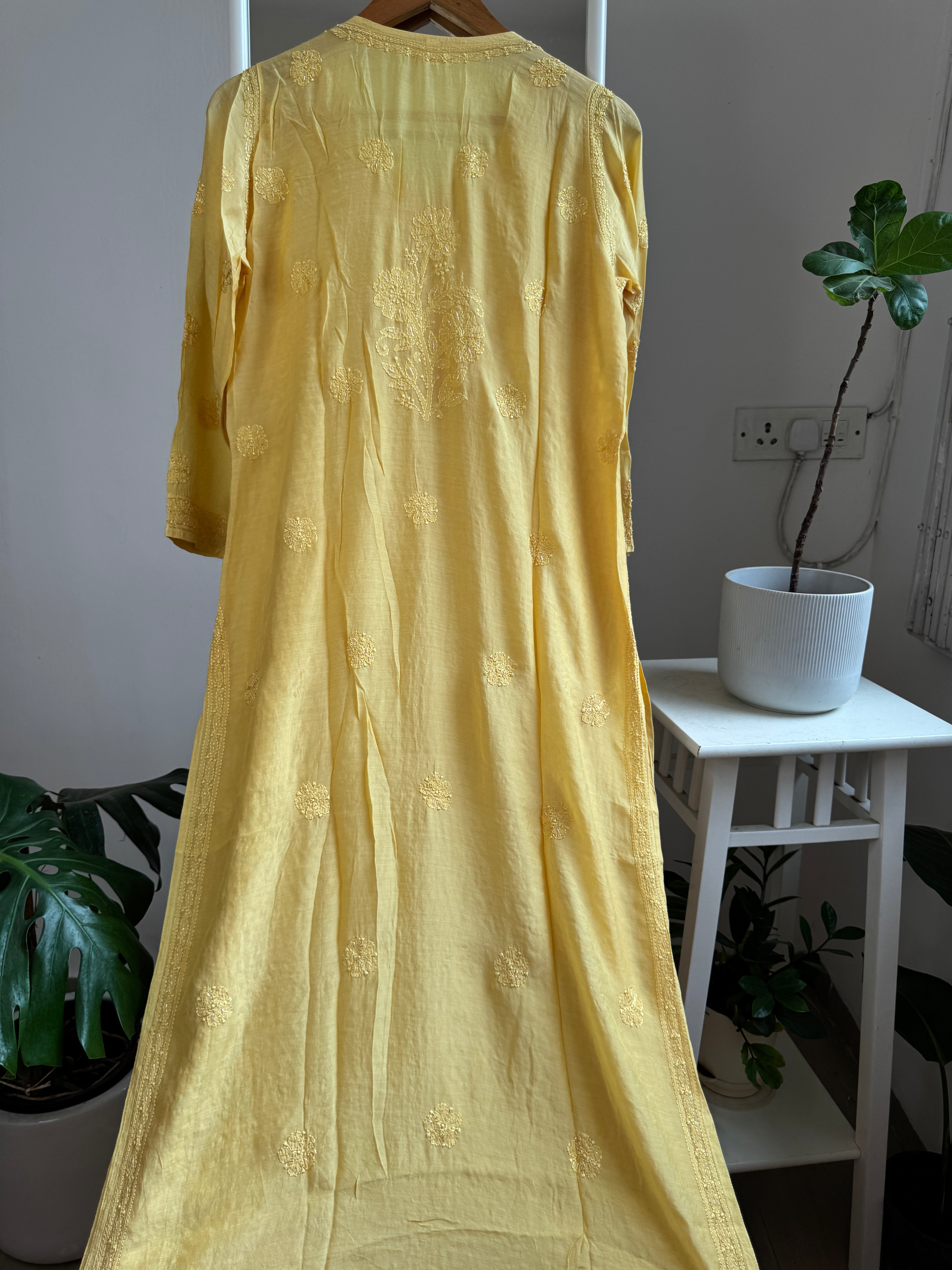 Muslin Chikankari Kurti with Pearl  Work - Yellow ARIAA CHIKANKARI 