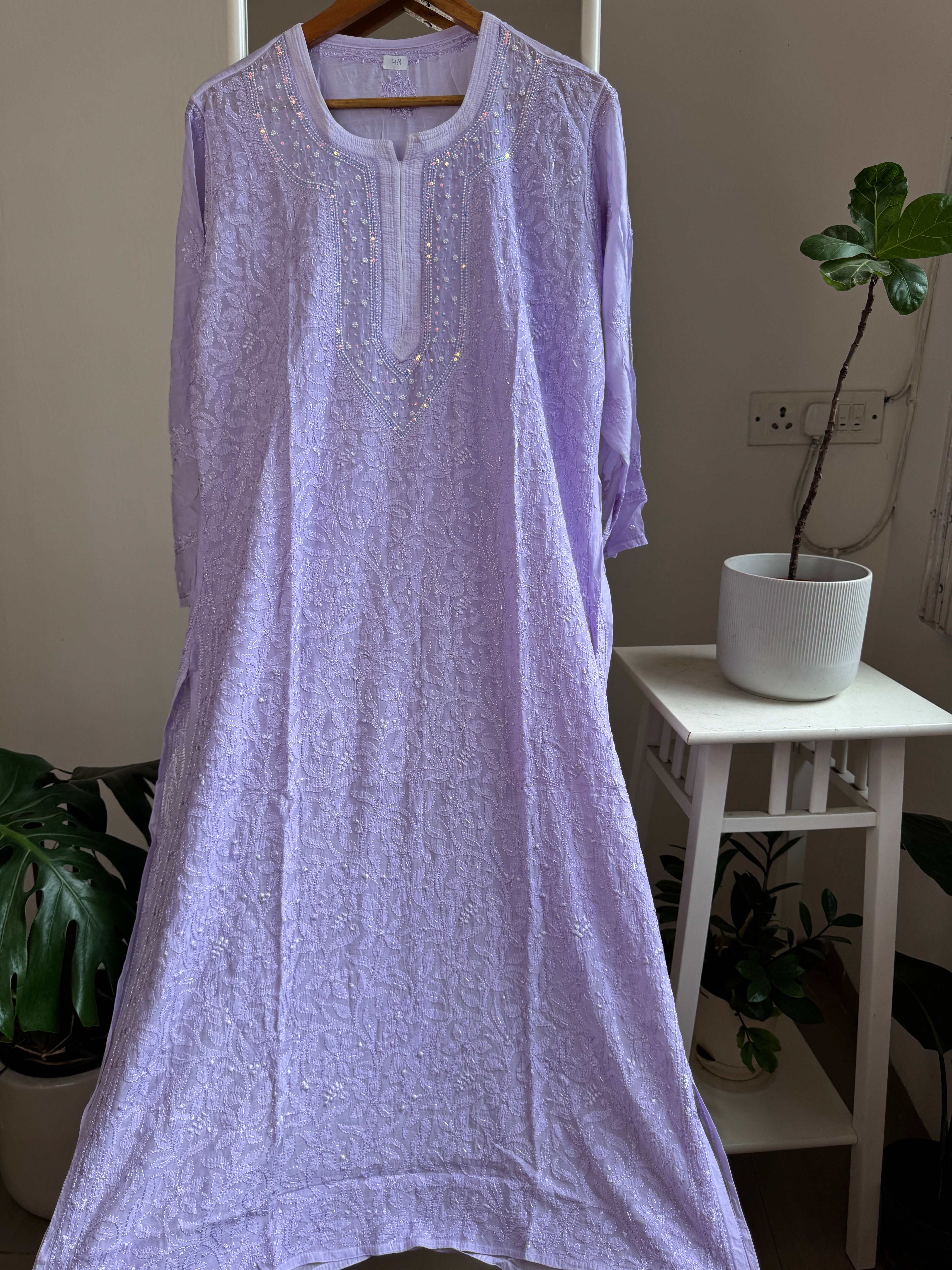 Muslin Chikankari Kurti with Pearl  Work - Lilac ARIAA CHIKANKARI 