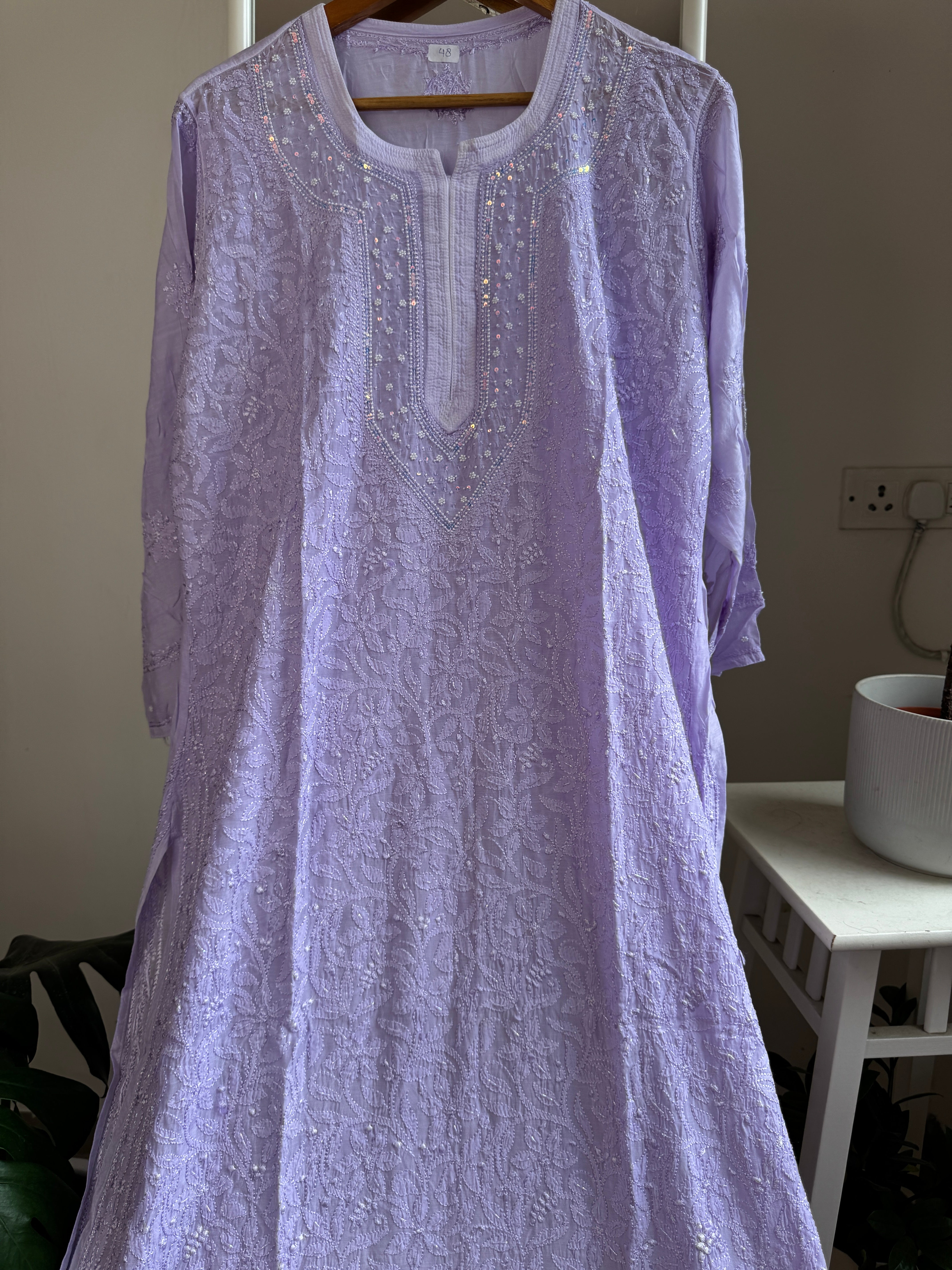 Muslin Chikankari Kurti with Pearl  Work - Lilac ARIAA CHIKANKARI 