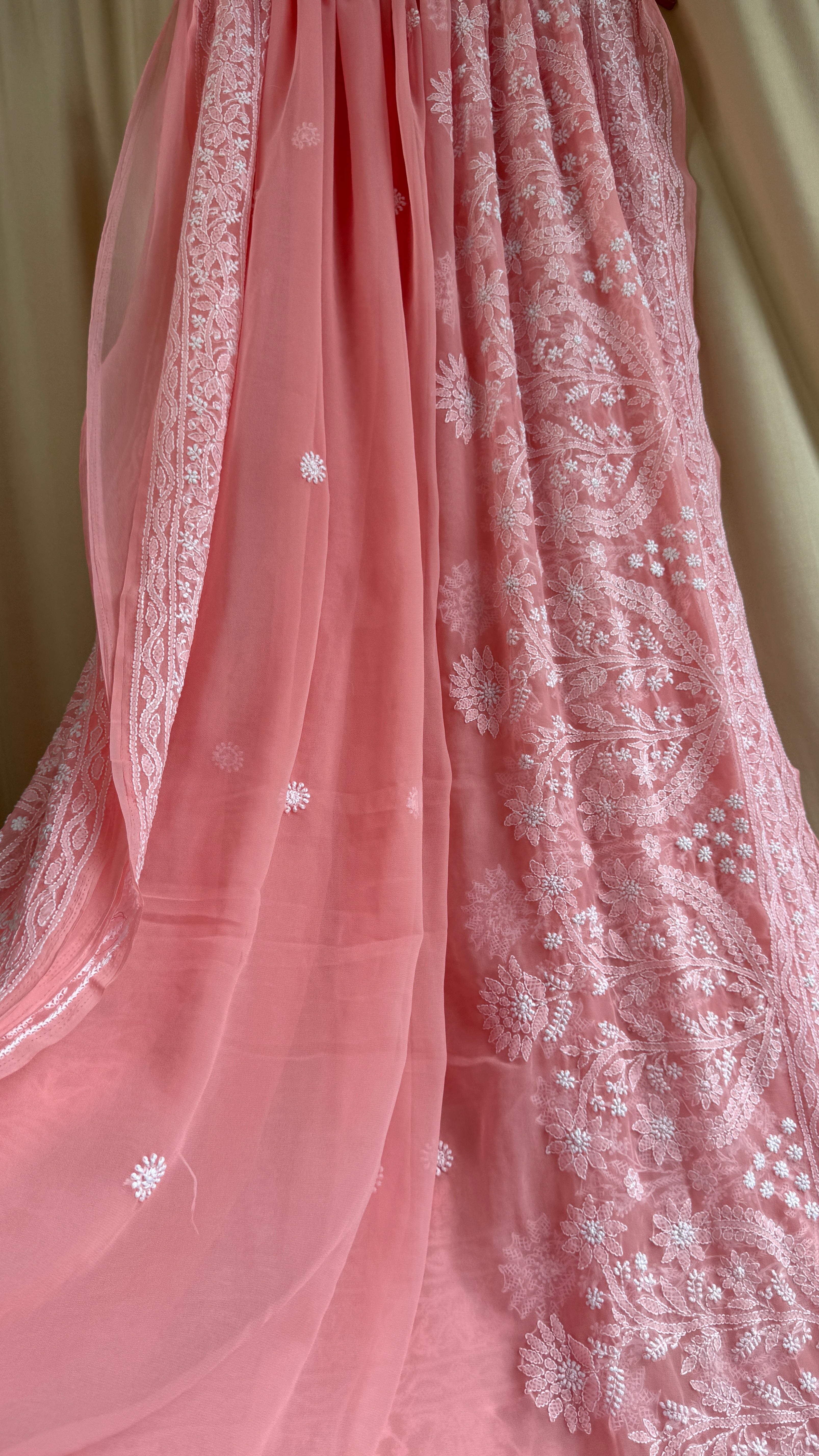 Georgette Chikankari saree in Carrot Peach