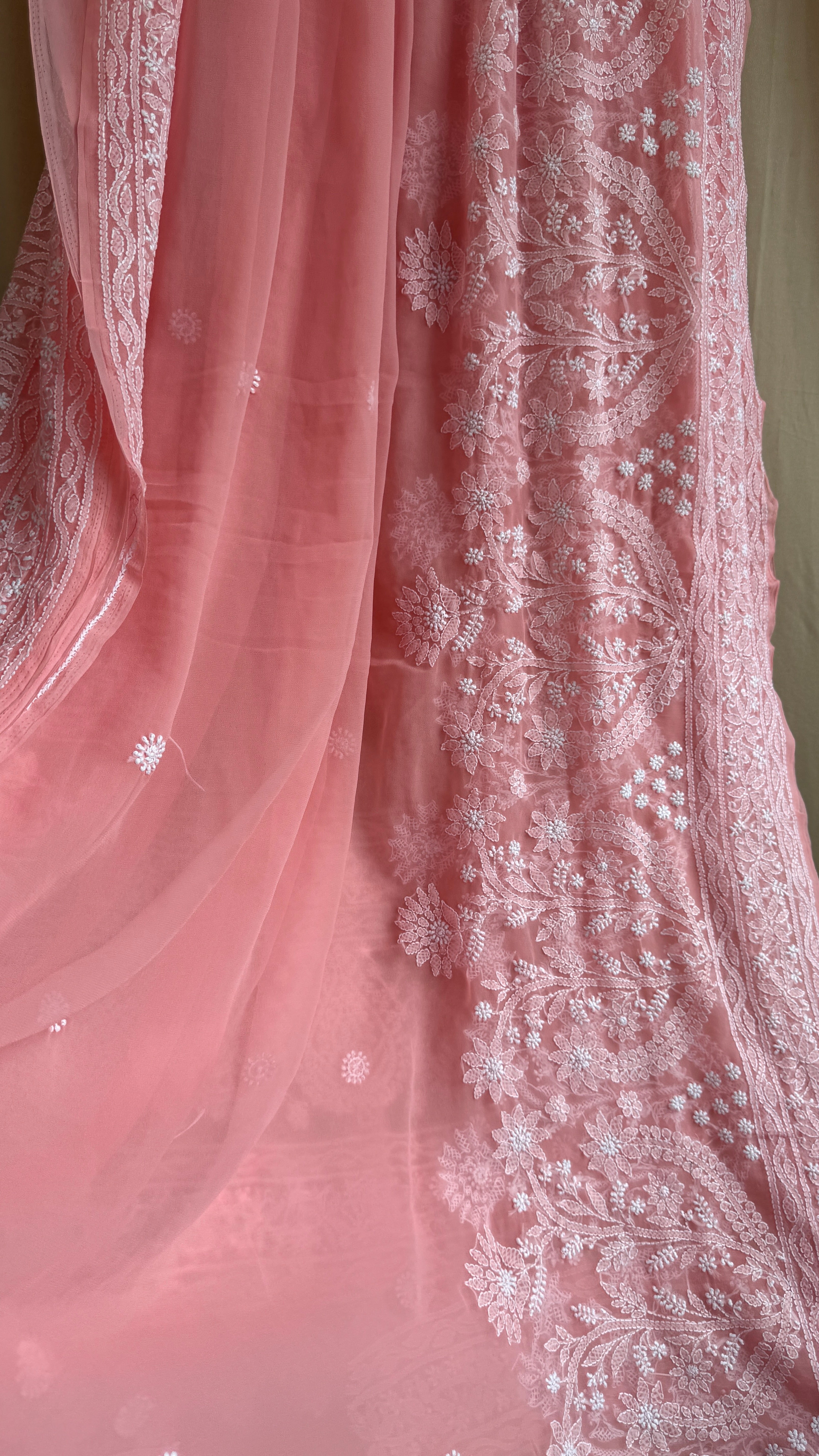 Georgette Chikankari saree in Carrot Peach