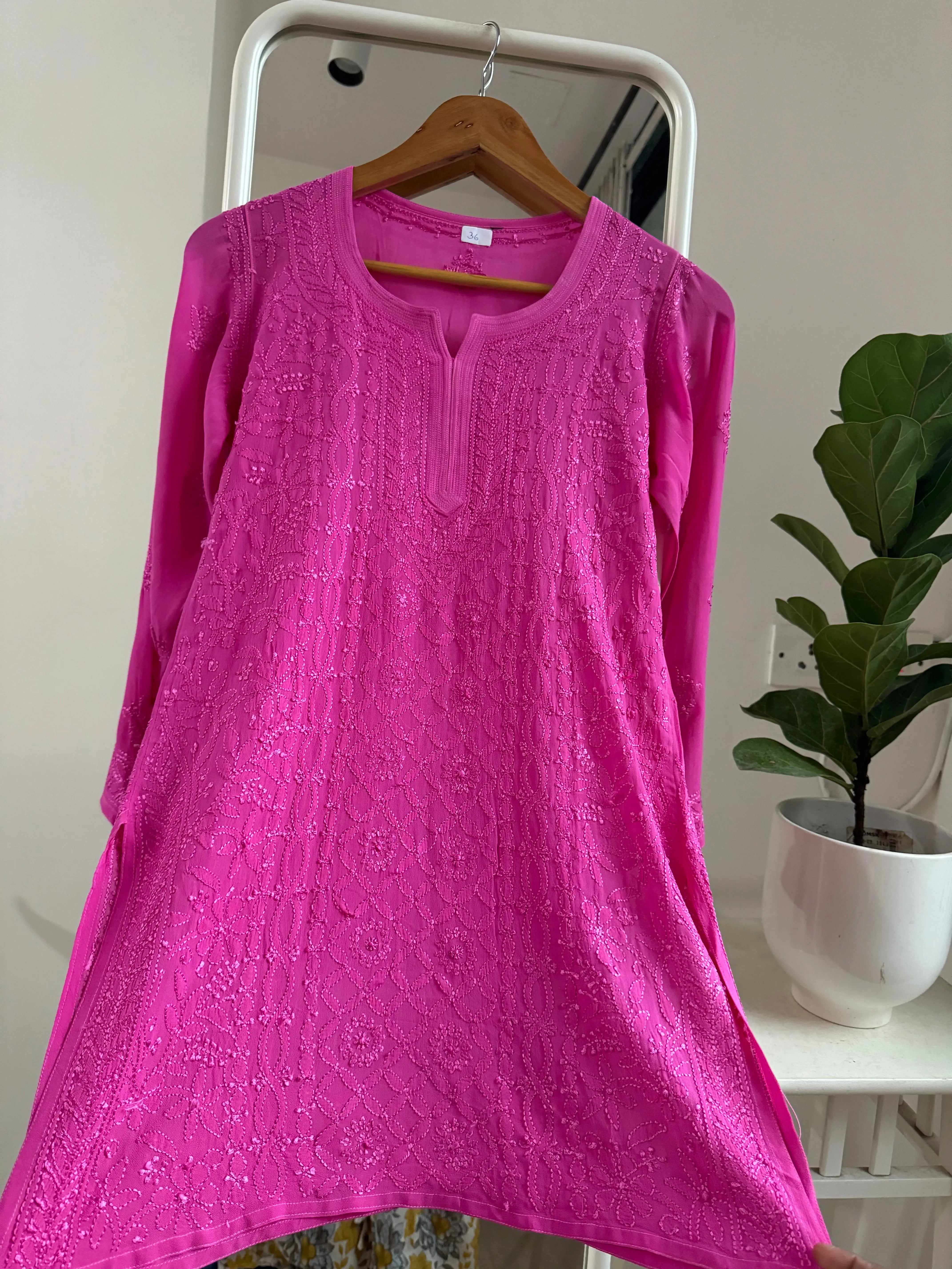 Chikankari Viscose Georgette short Top in Hot Pink ARIAA CHIKANKARI 