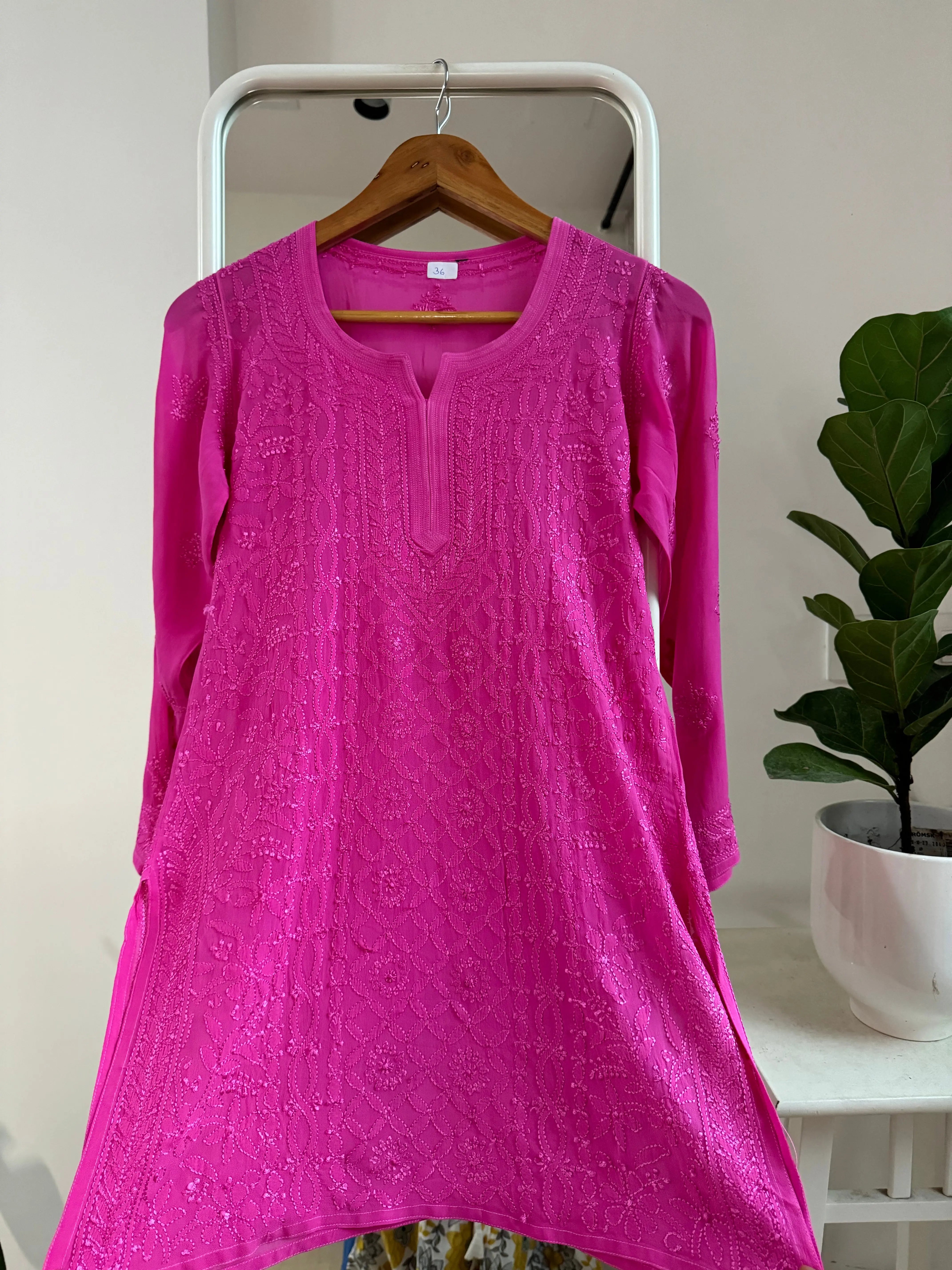 Chikankari Viscose Georgette short Top in Hot Pink ARIAA CHIKANKARI 