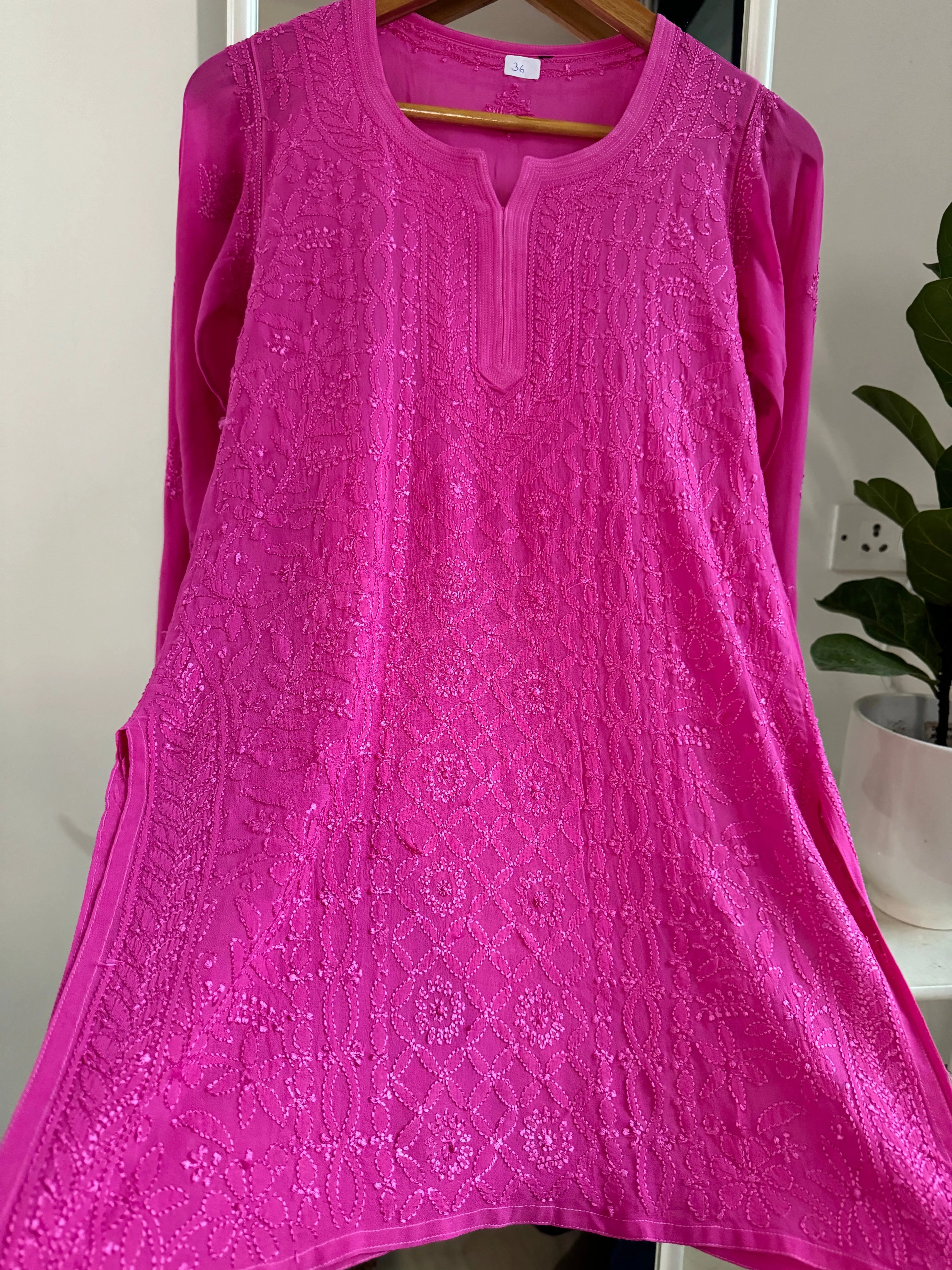 Chikankari Viscose Georgette short Top in Hot Pink ARIAA CHIKANKARI 