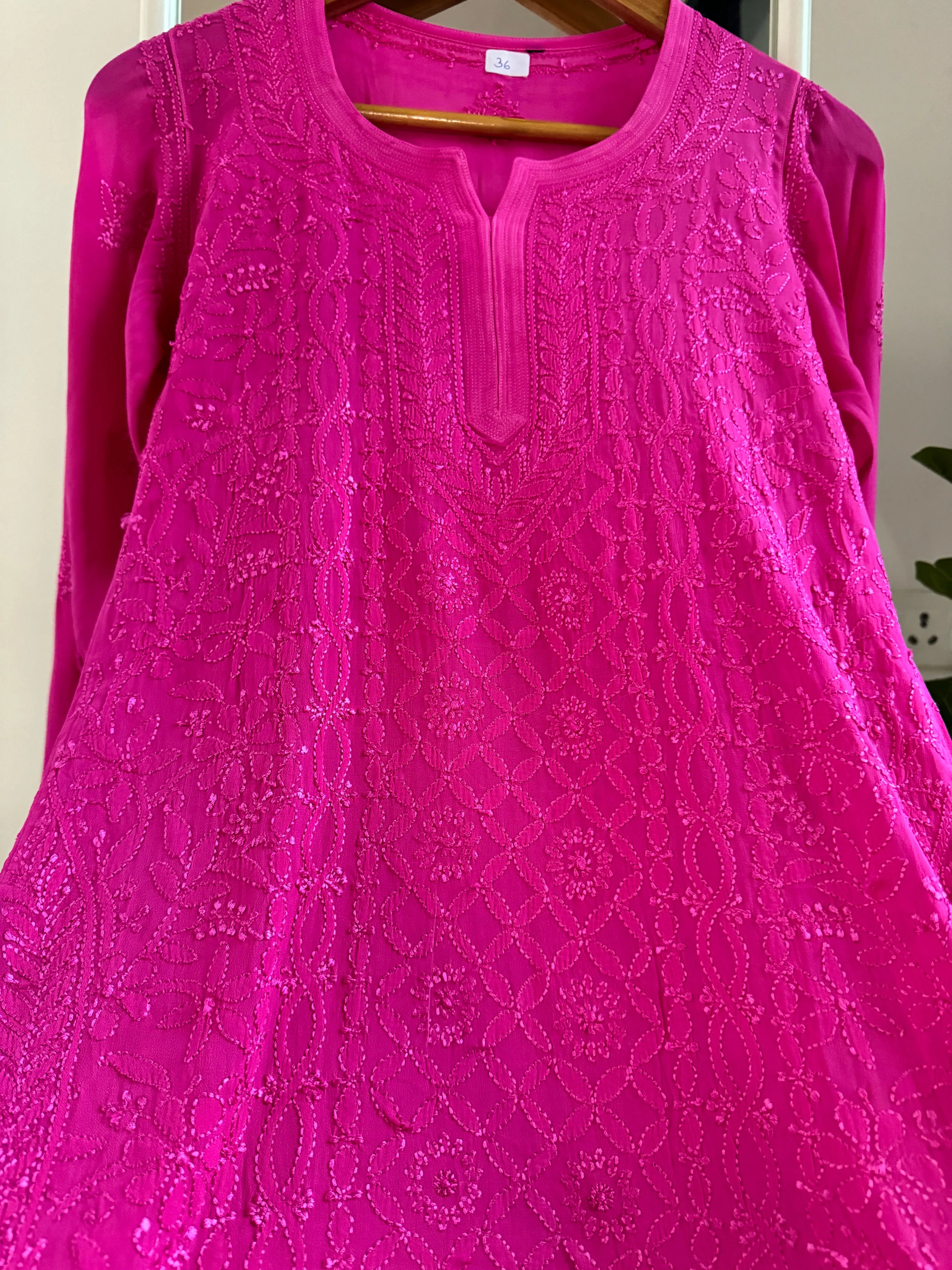 Chikankari Viscose Georgette short Top in Hot Pink ARIAA CHIKANKARI 