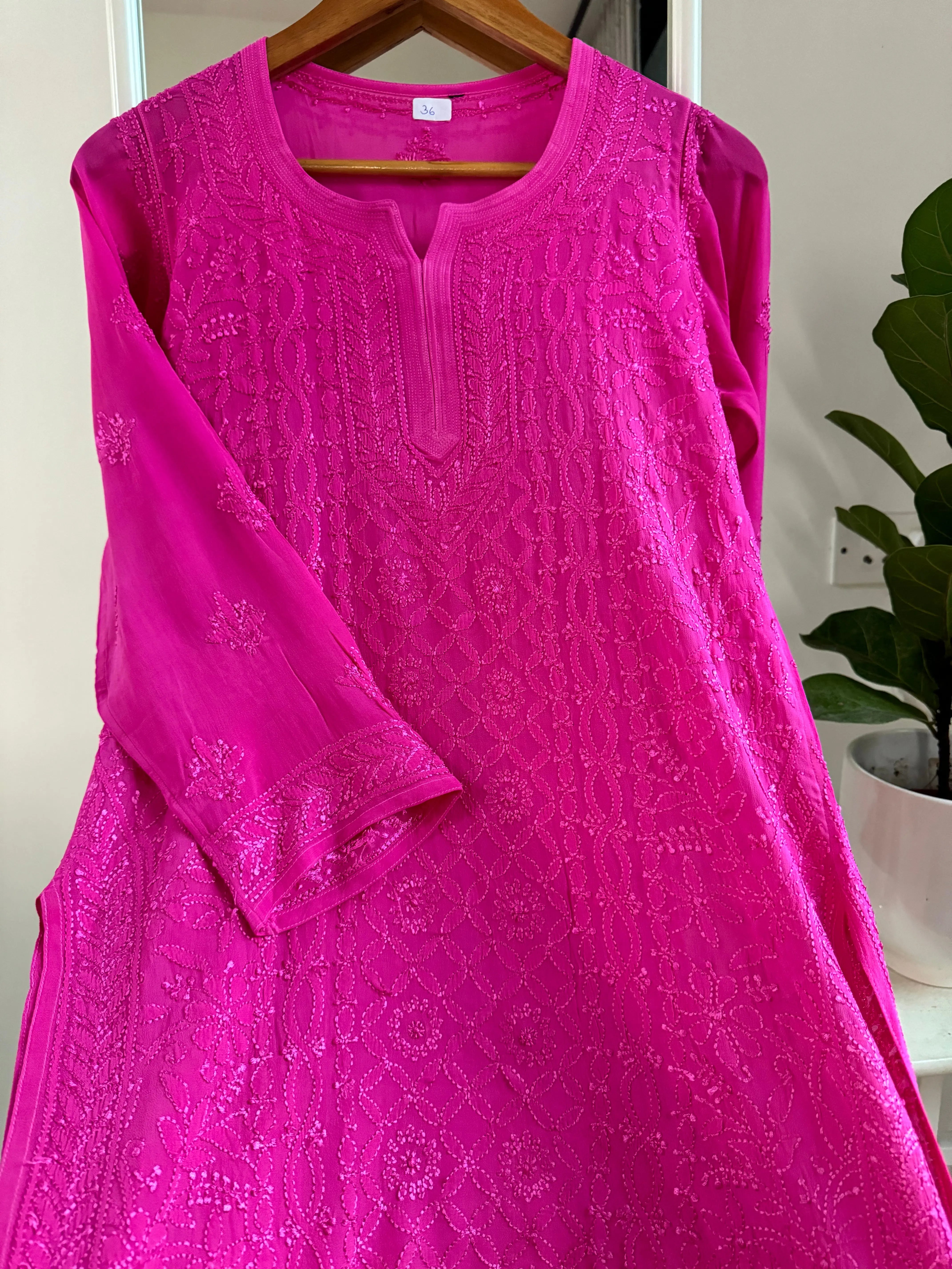 Chikankari Viscose Georgette short Top in Hot Pink ARIAA CHIKANKARI 