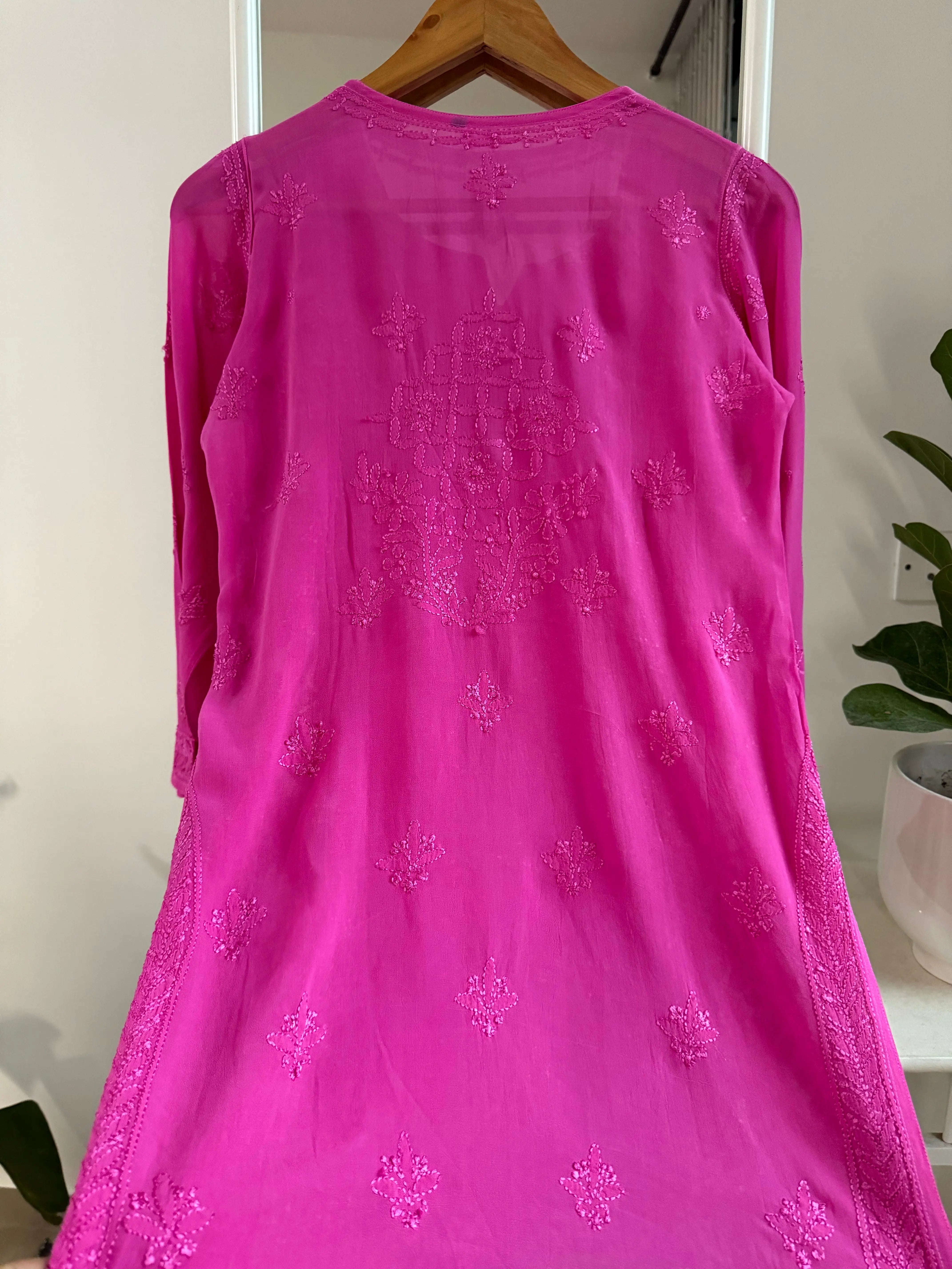 Chikankari Viscose Georgette short Top in Hot Pink ARIAA CHIKANKARI 