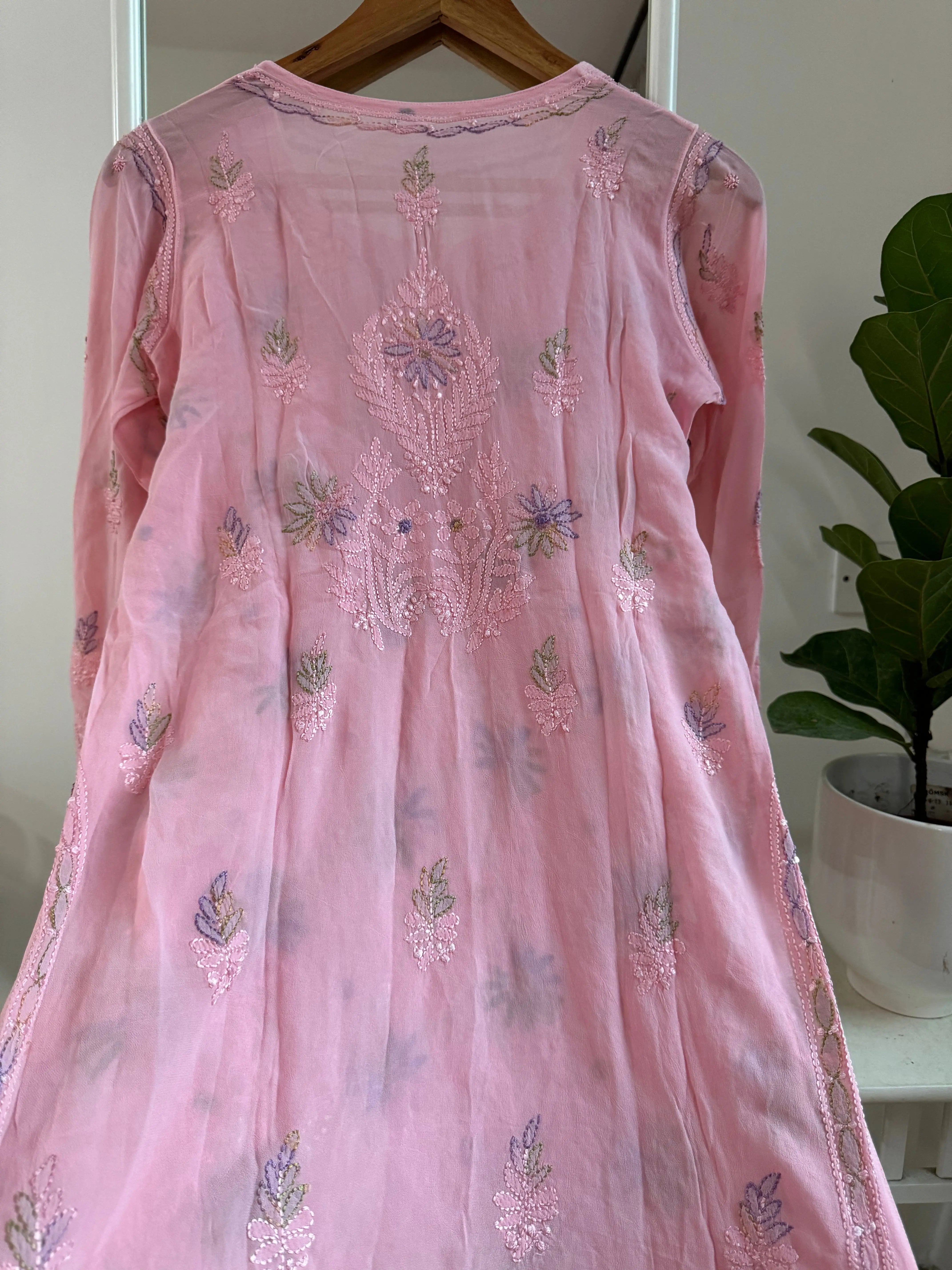 Chikankari Viscose Georgette short Top in pink Multi-Color ARIAA CHIKANKARI 