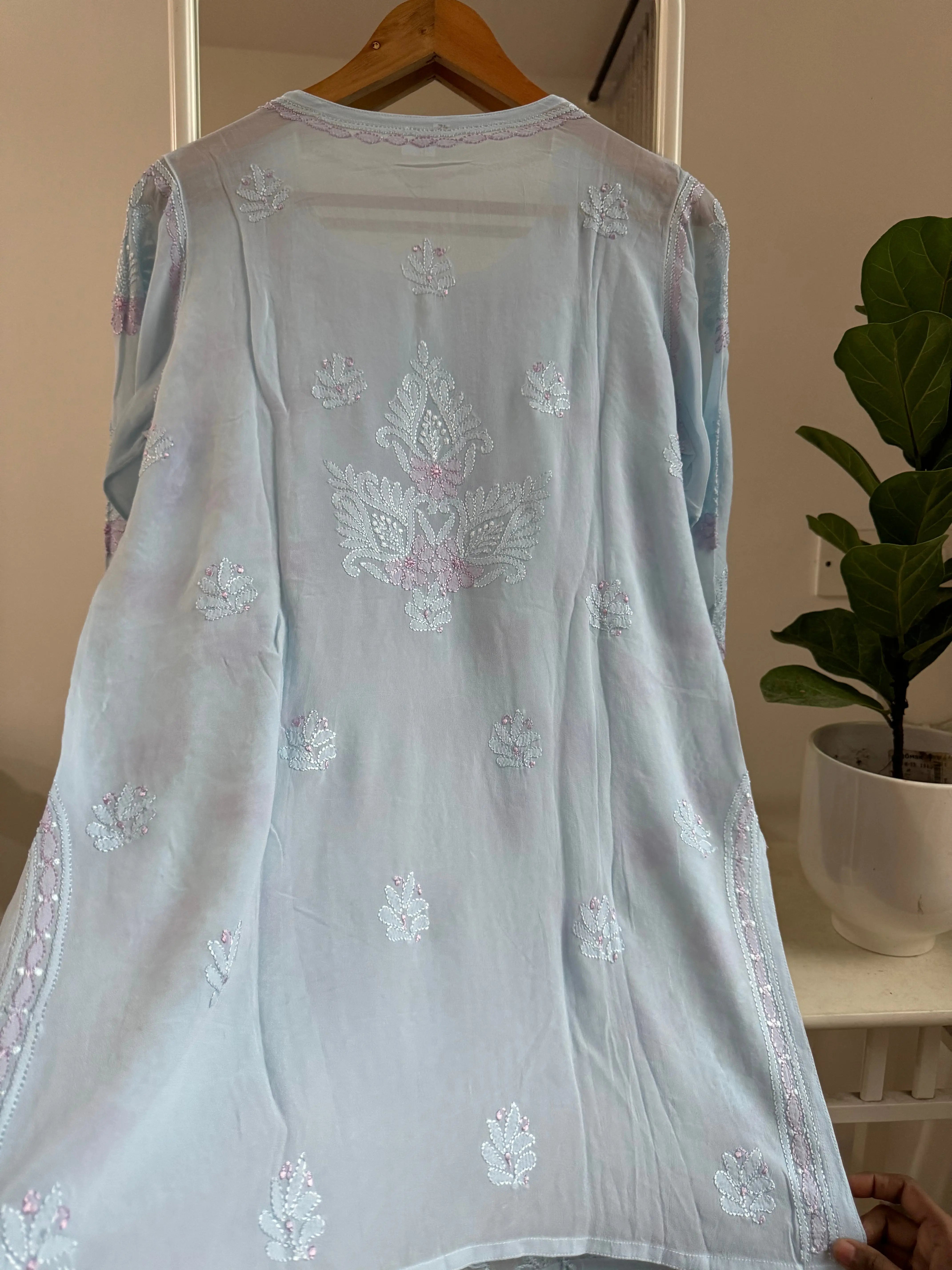 Chikankari Viscose Georgette short Top in Baby Blue - Multi Color ARIAA CHIKANKARI 