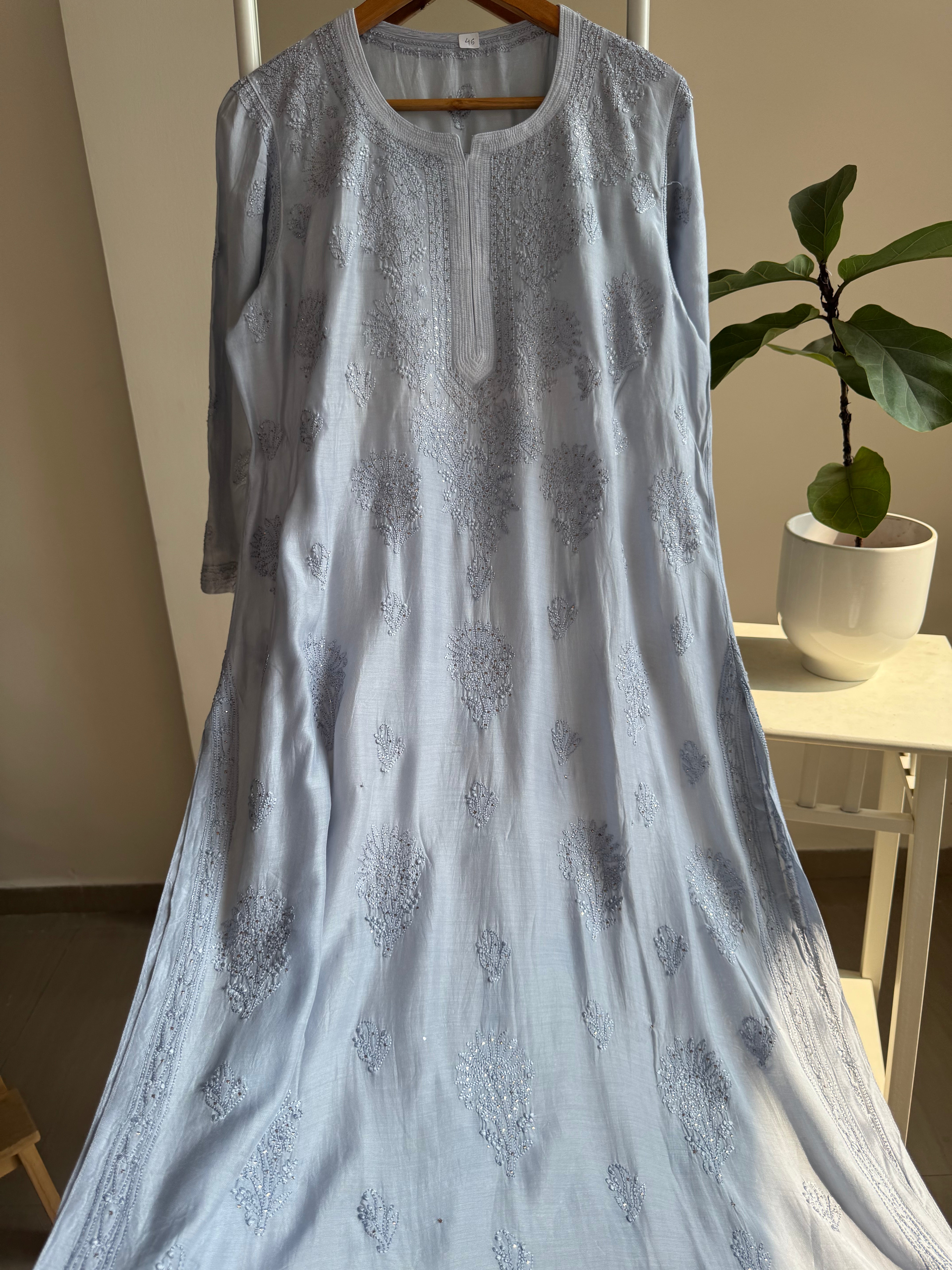 Muslin Chikankari Kurti with Mukaish work - Grey ARIAA CHIKANKARI 