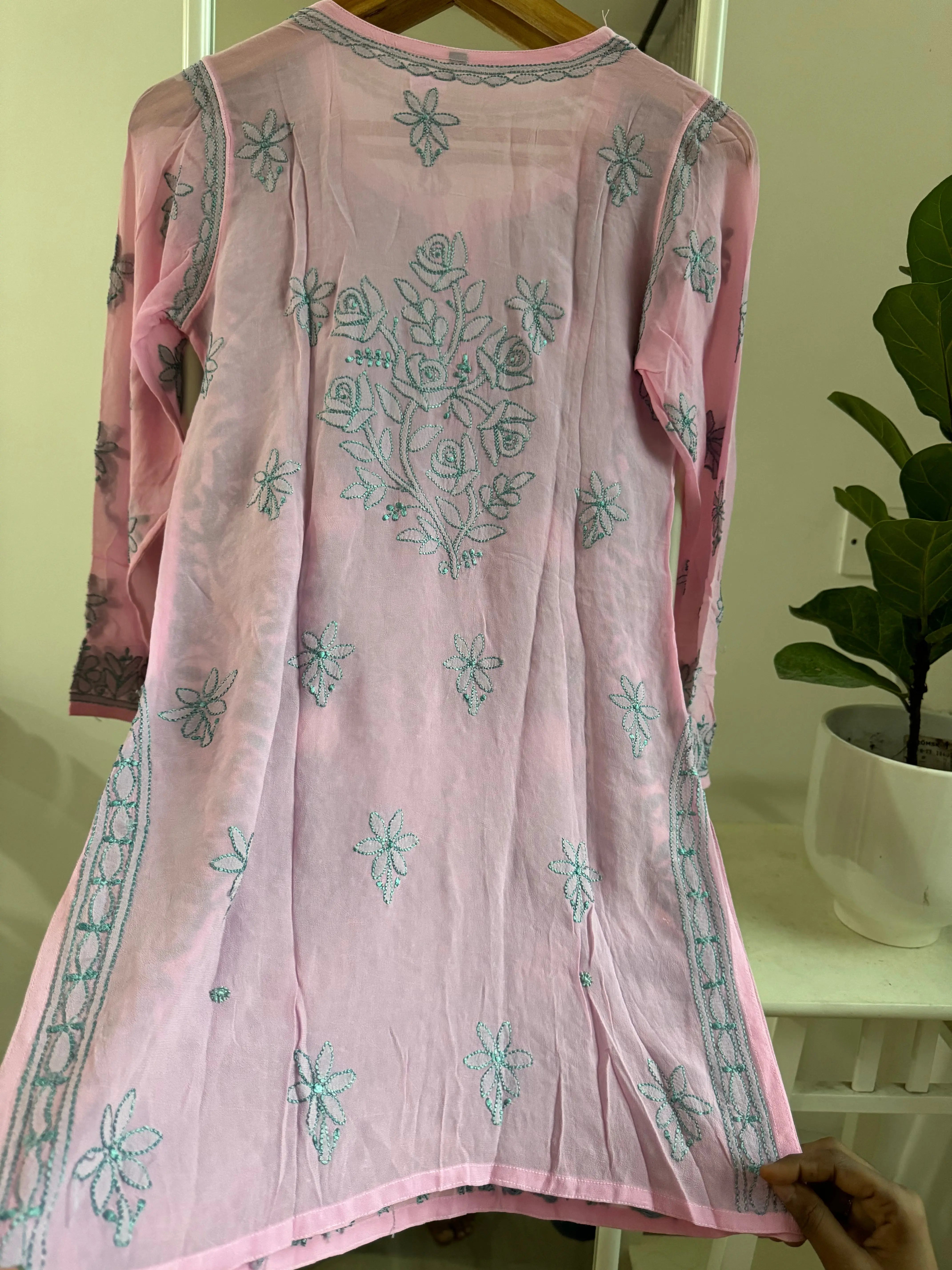 Chikankari Viscose Georgette short Top in pink Multi-Color ARIAA CHIKANKARI 