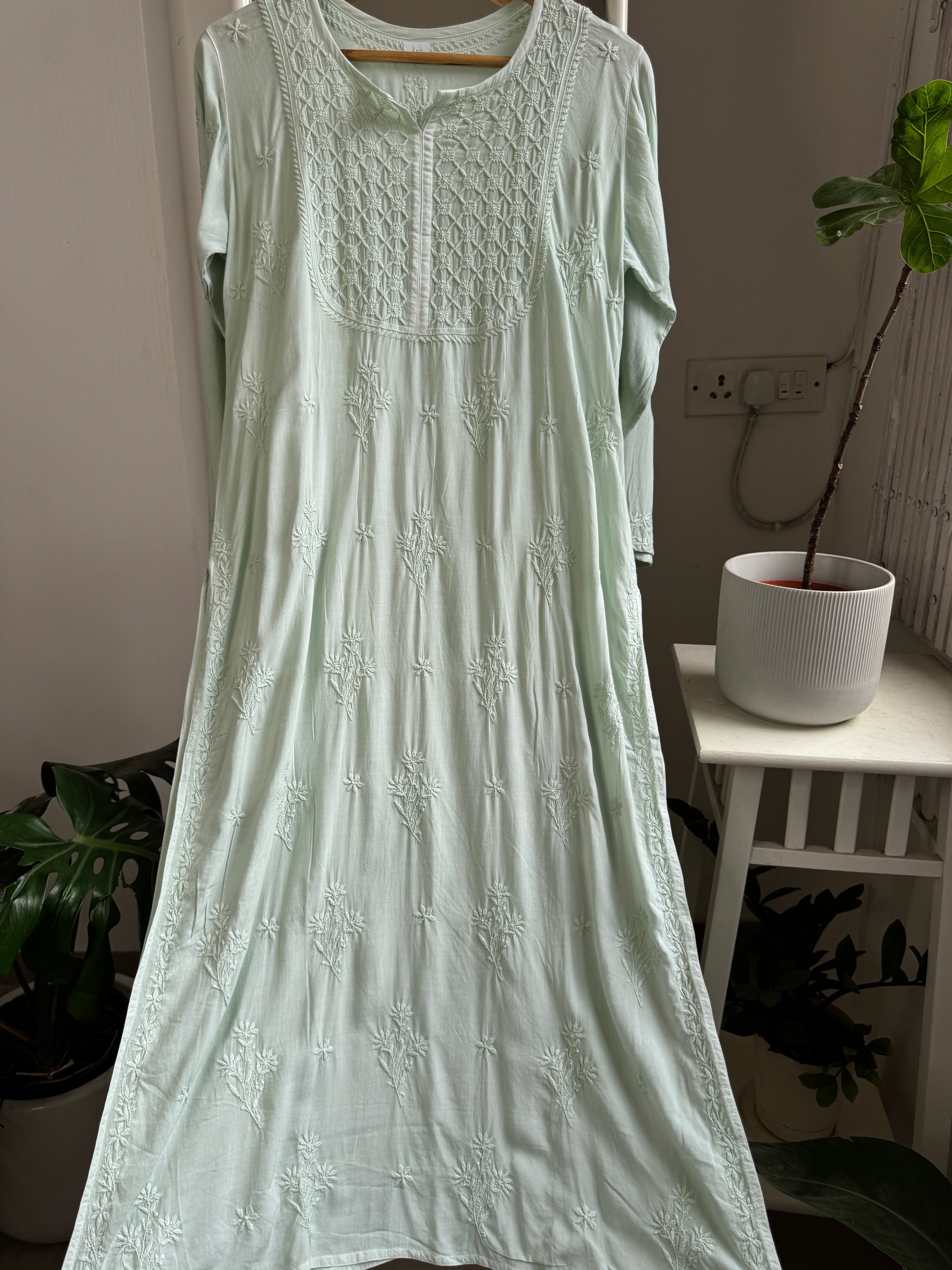 Premium Modal Chikankari Cotton Kurti - Pista Green - Noor Collection ARIAA CHIKANKARI 