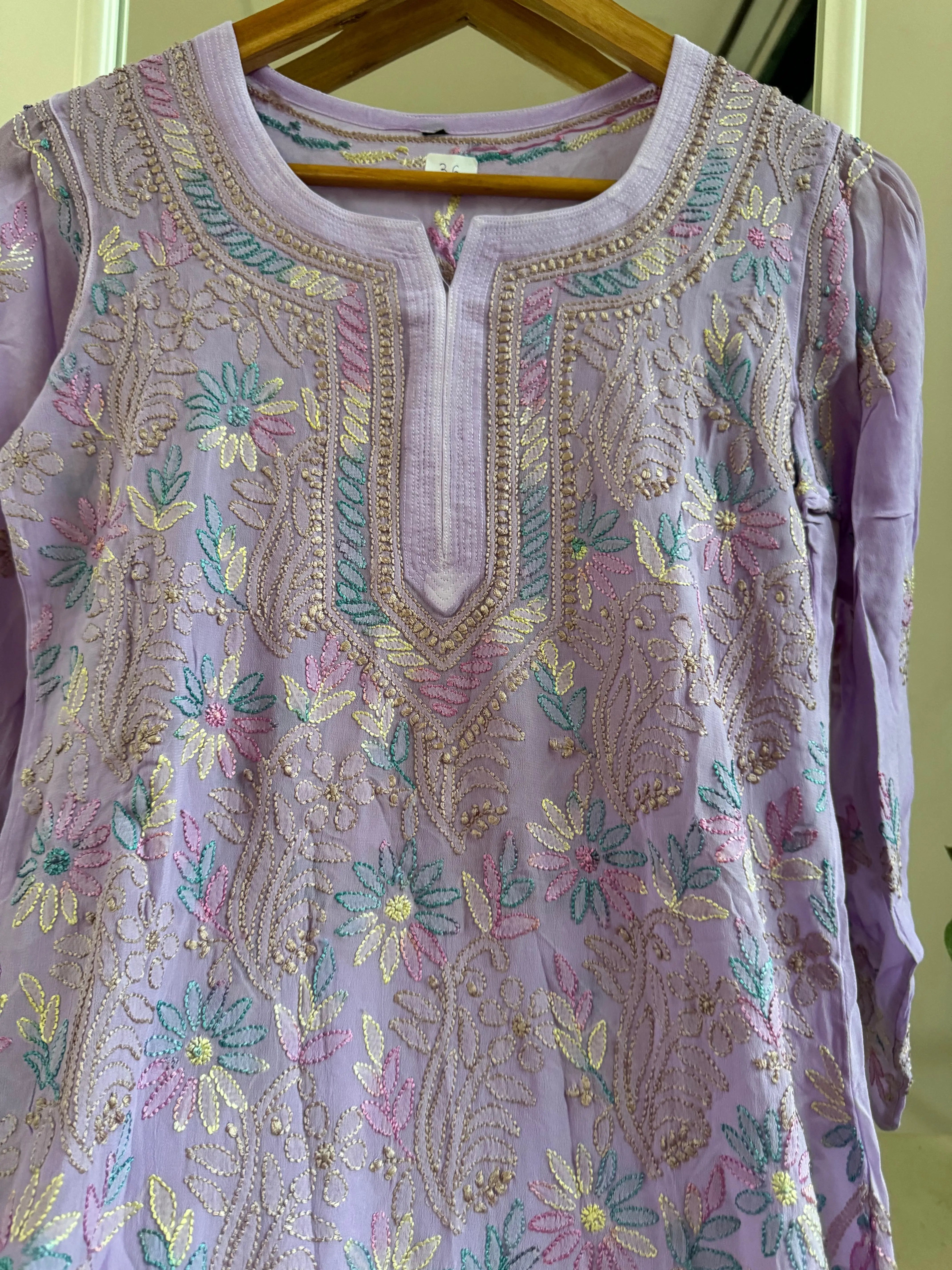 Chikankari Viscose Georgette short Top in Mauve Multi Thread ARIAA CHIKANKARI 