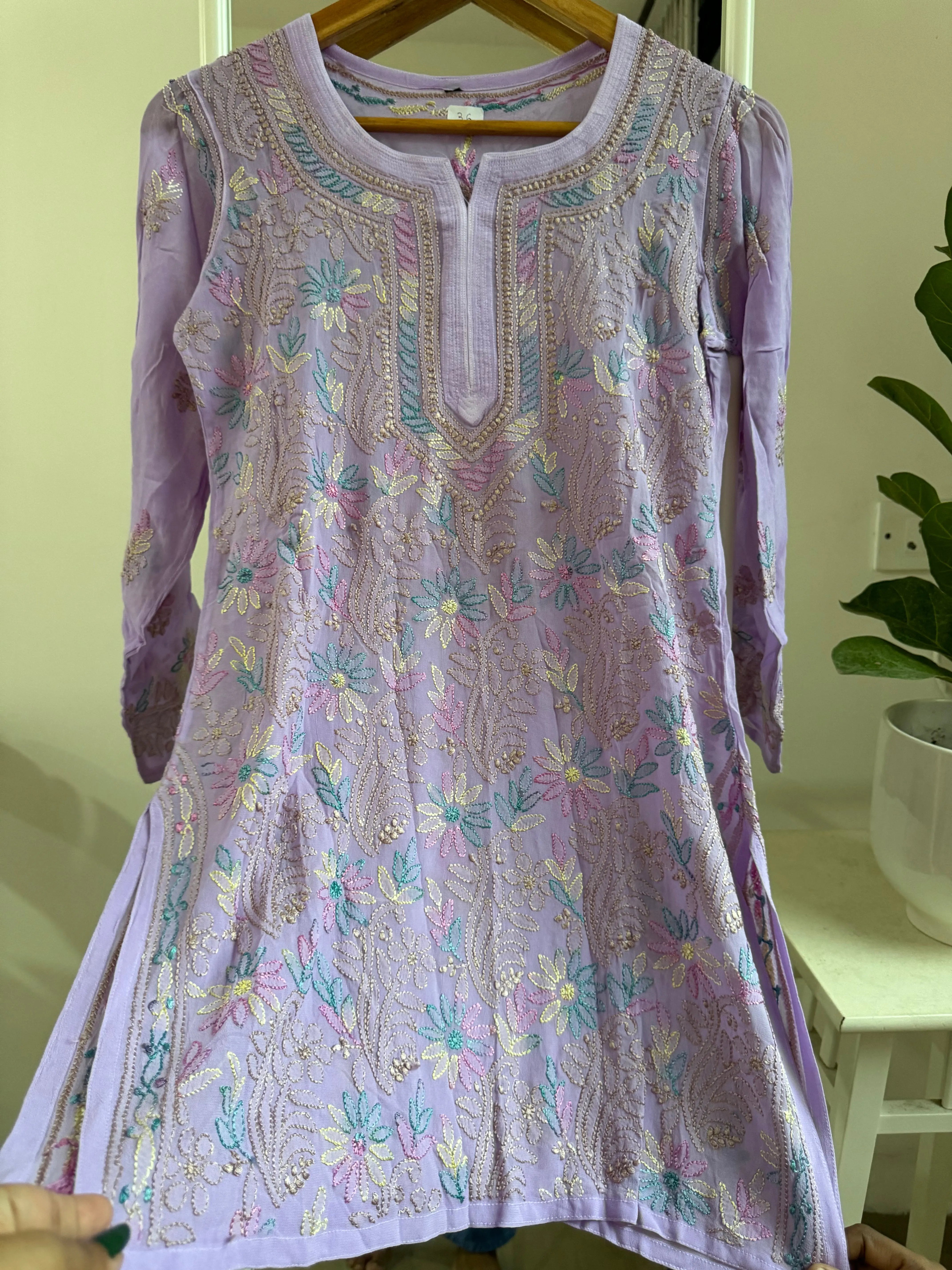 Chikankari Viscose Georgette short Top in Mauve Multi Thread ARIAA CHIKANKARI 