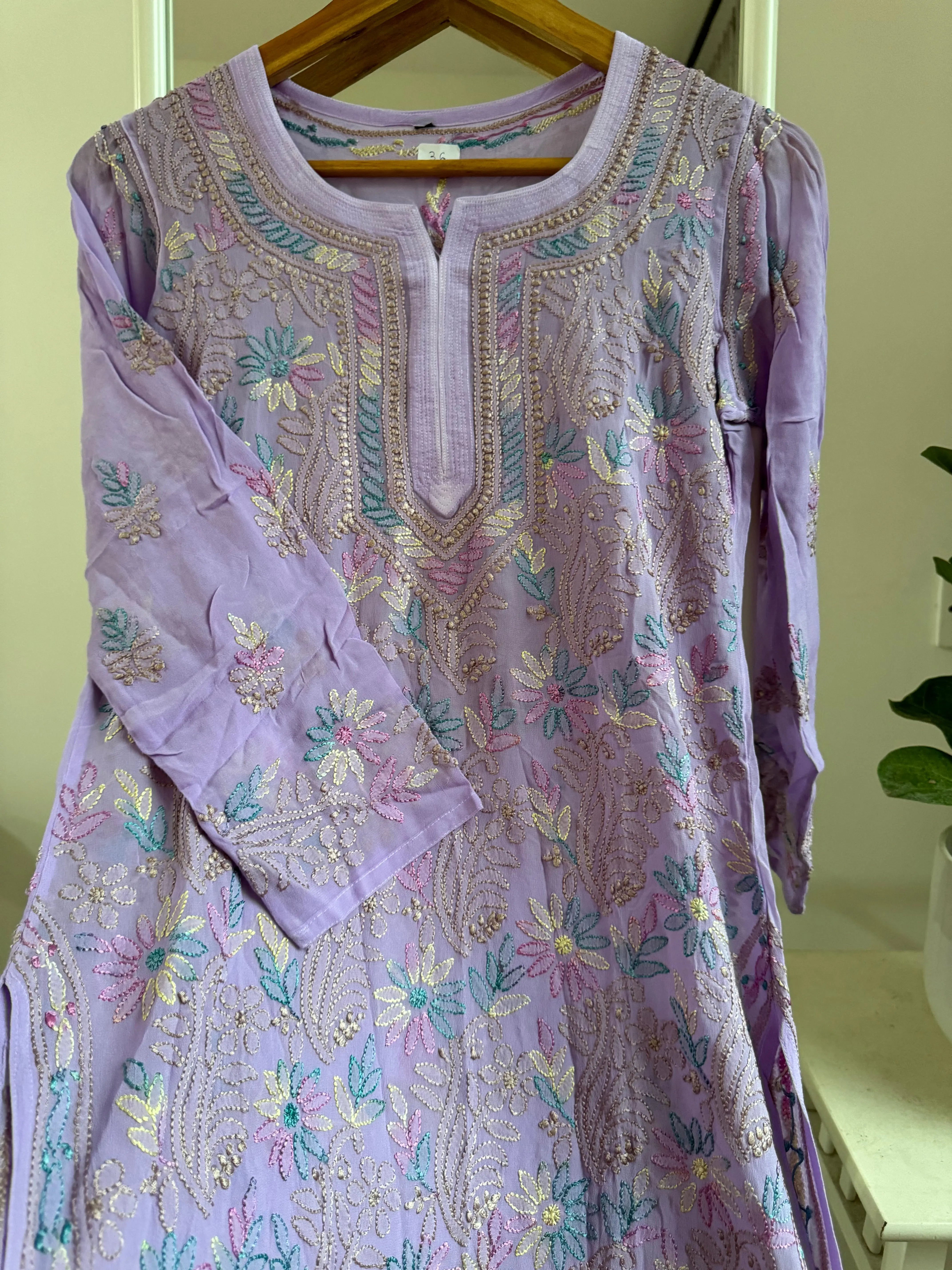 Chikankari Viscose Georgette short Top in Mauve Multi Thread ARIAA CHIKANKARI 