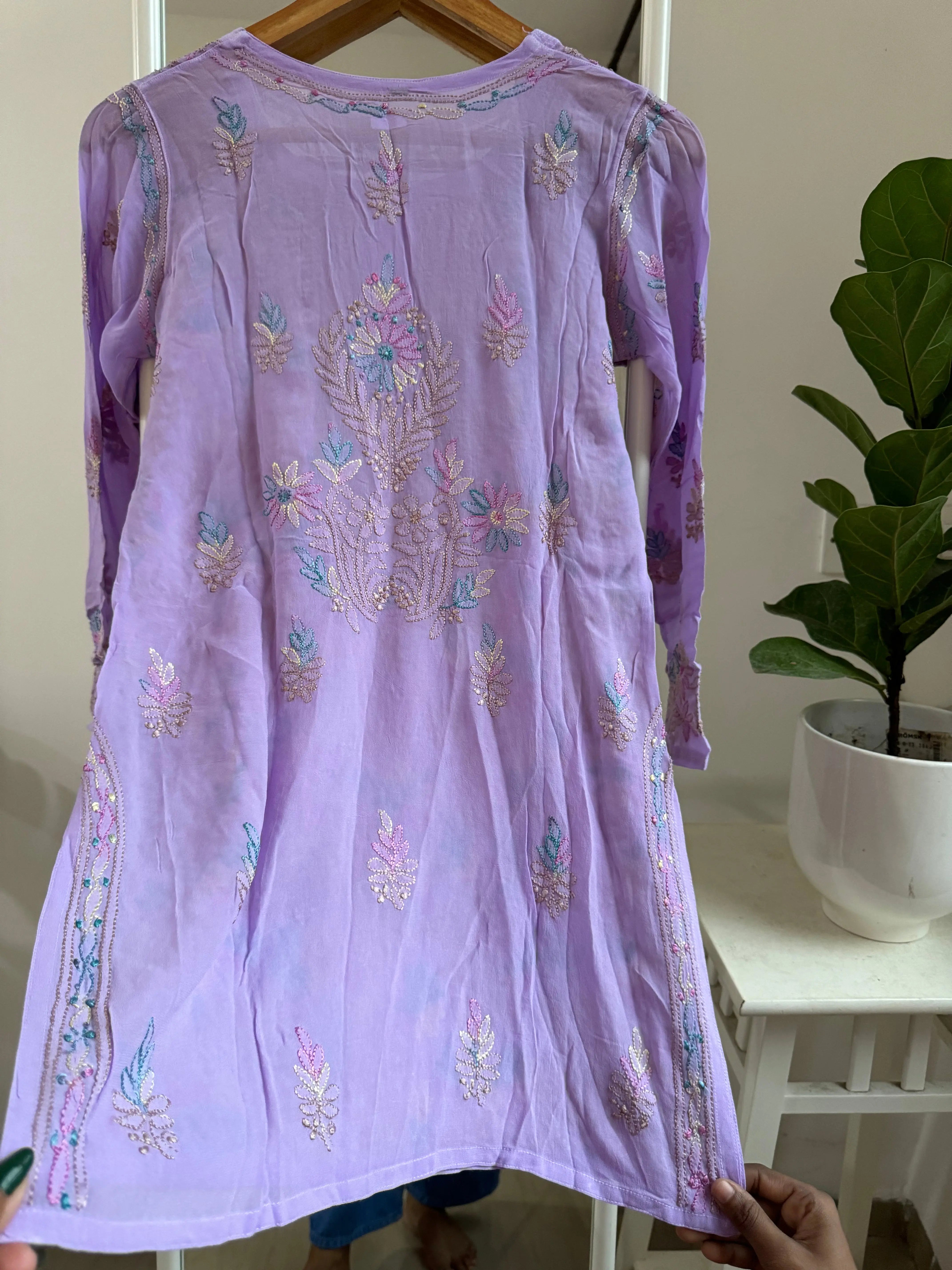 Chikankari Viscose Georgette short Top in Mauve Multi Thread ARIAA CHIKANKARI 