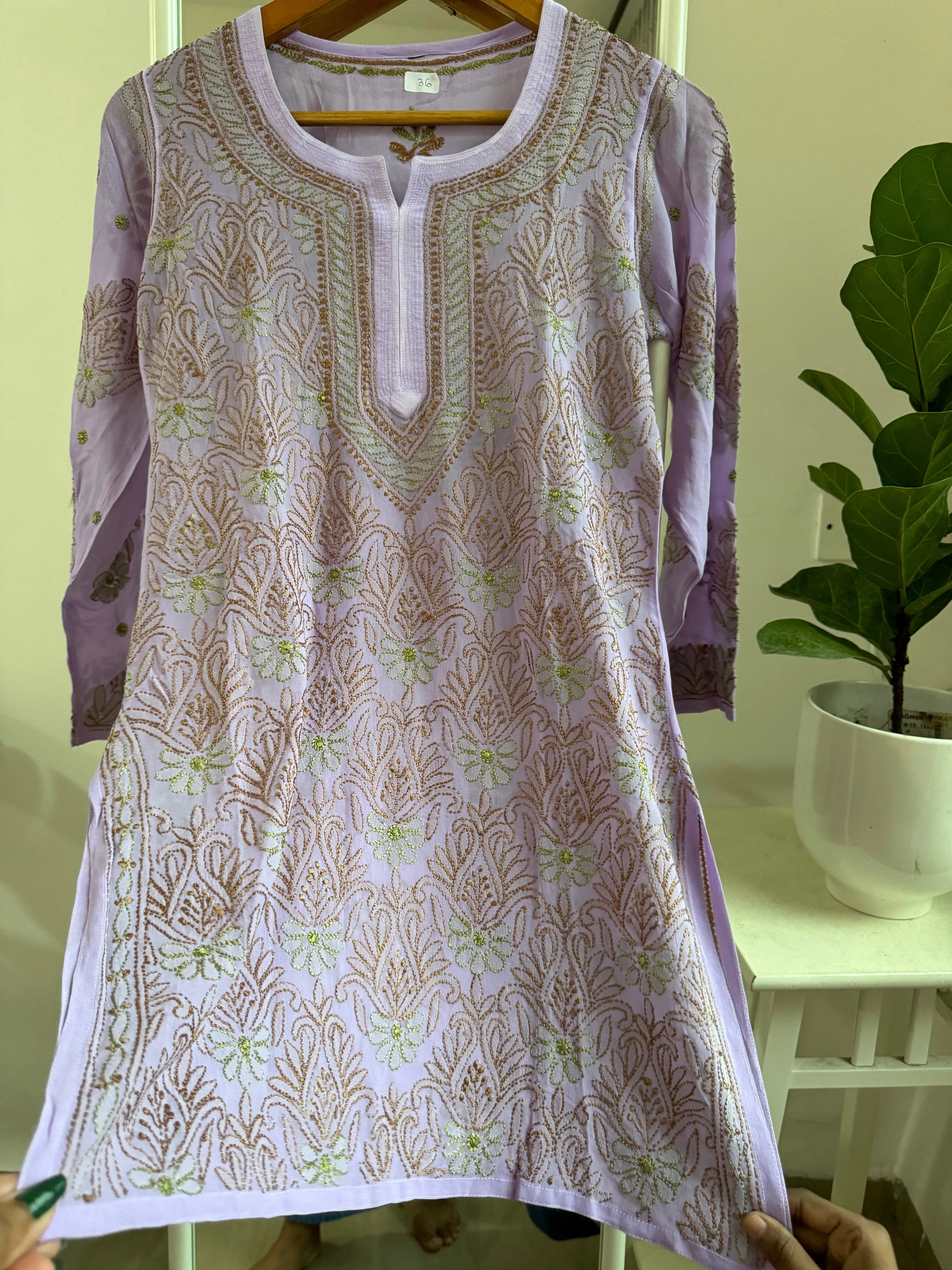 Chikankari Viscose Georgette short Top in Mauve Multi Thread ARIAA CHIKANKARI 