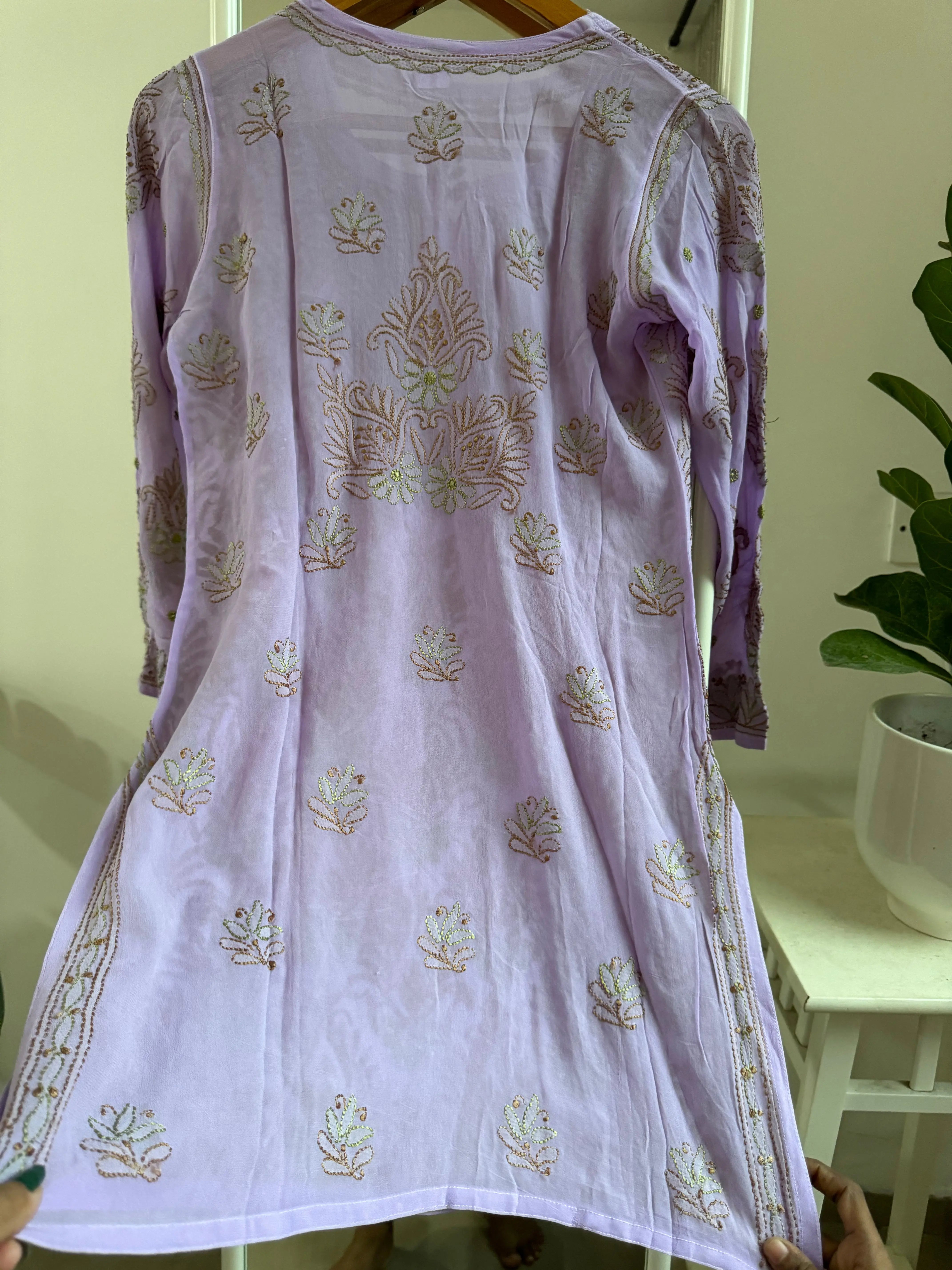 Chikankari Viscose Georgette short Top in Mauve Multi Thread ARIAA CHIKANKARI 