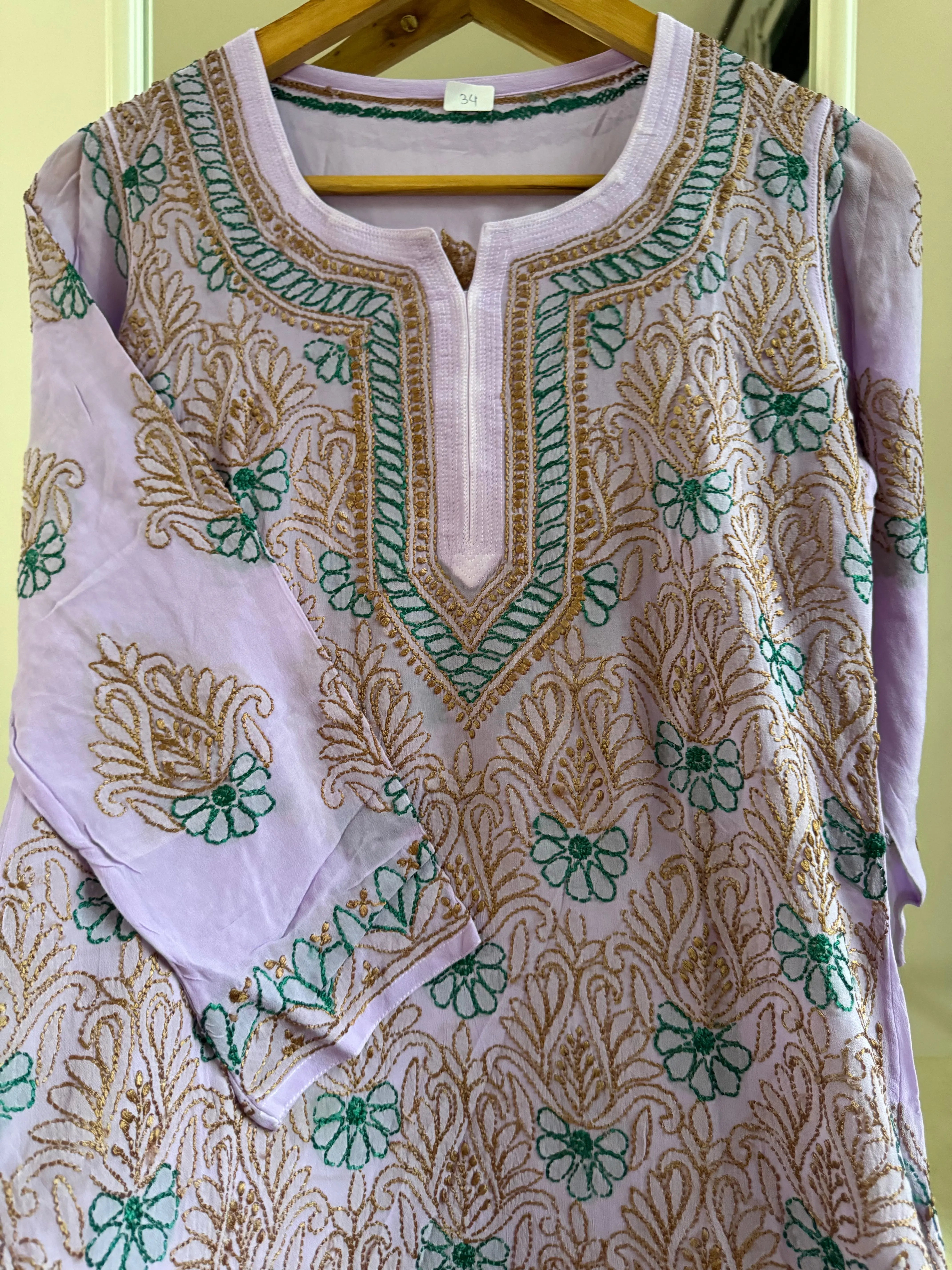 Chikankari Viscose Georgette short Top in Mauve Multi Thread ARIAA CHIKANKARI 