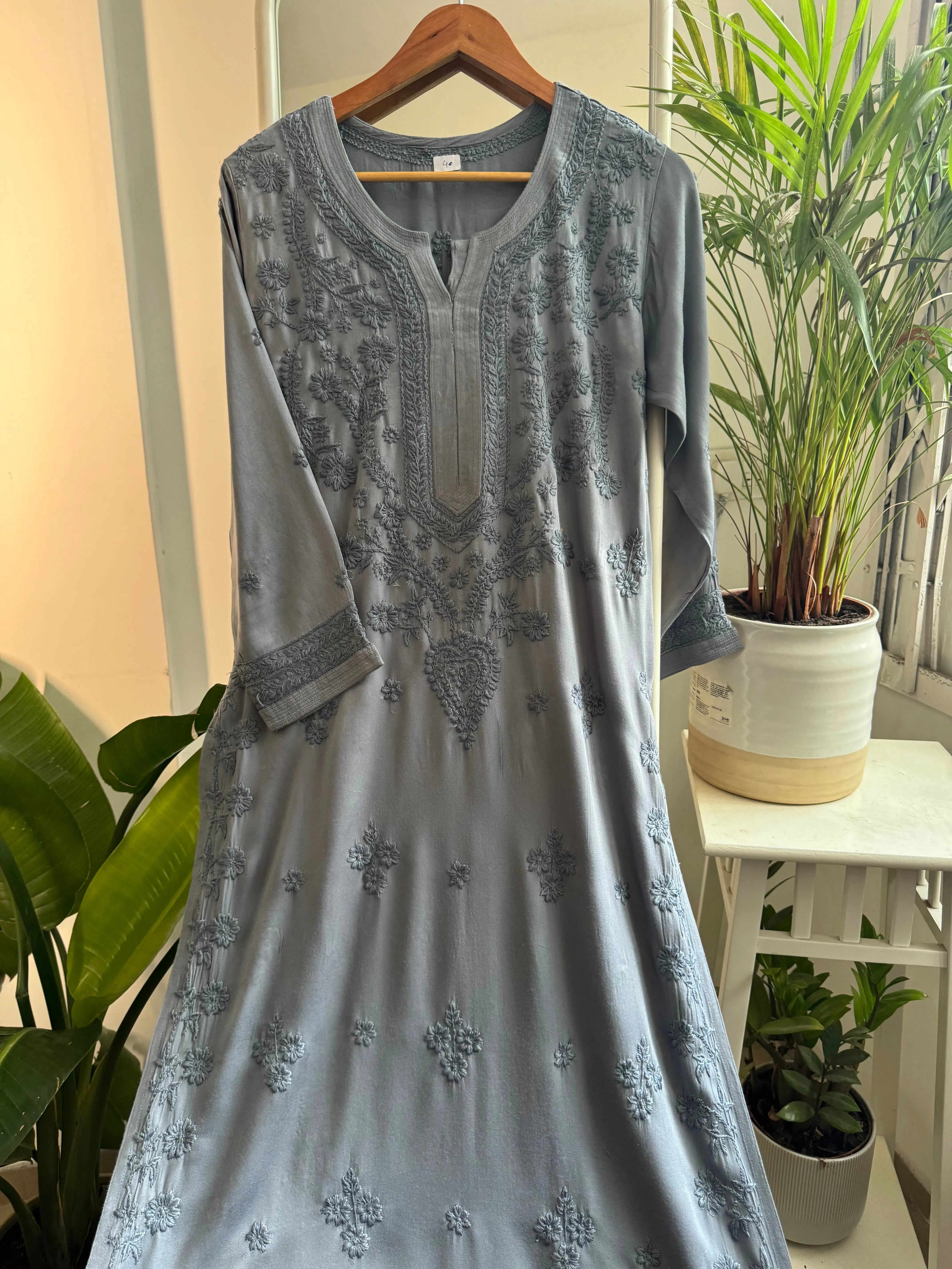 Cotton Chikankari Kurti - Grey ARIAA CHIKANKARI 