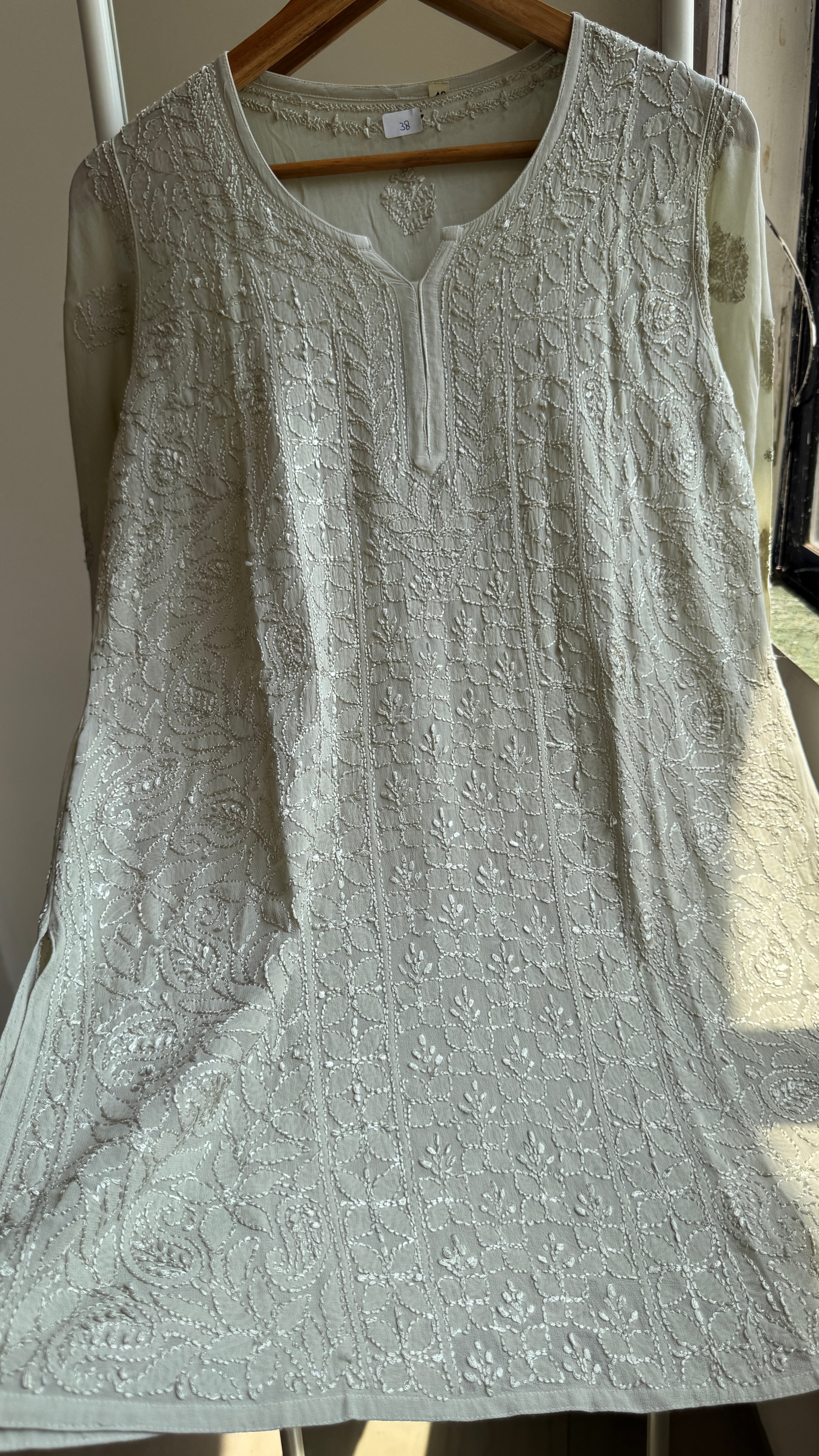 Chikankari Viscose Georgette short Top in Sage Green