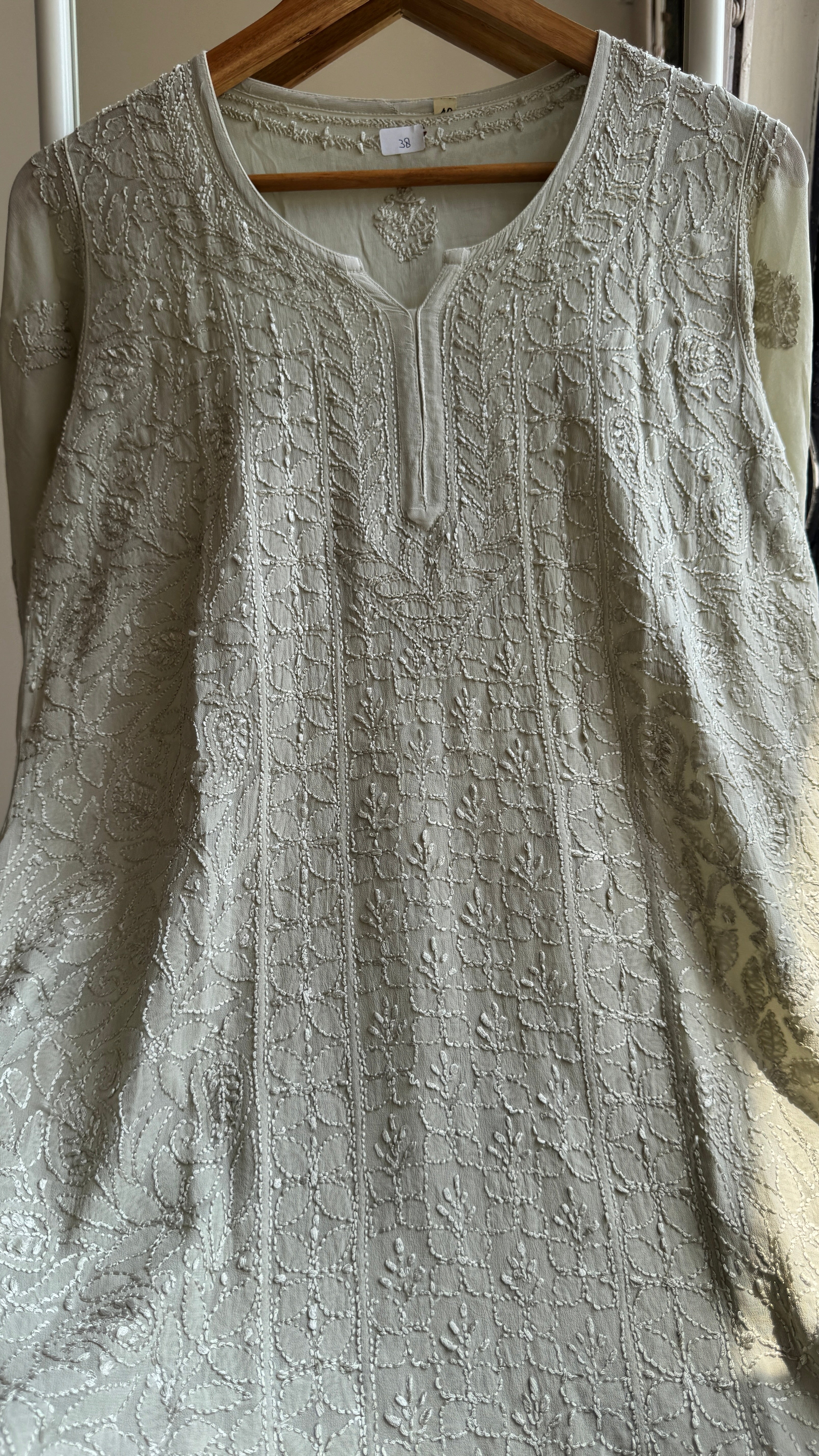 Chikankari Viscose Georgette short Top in Sage Green